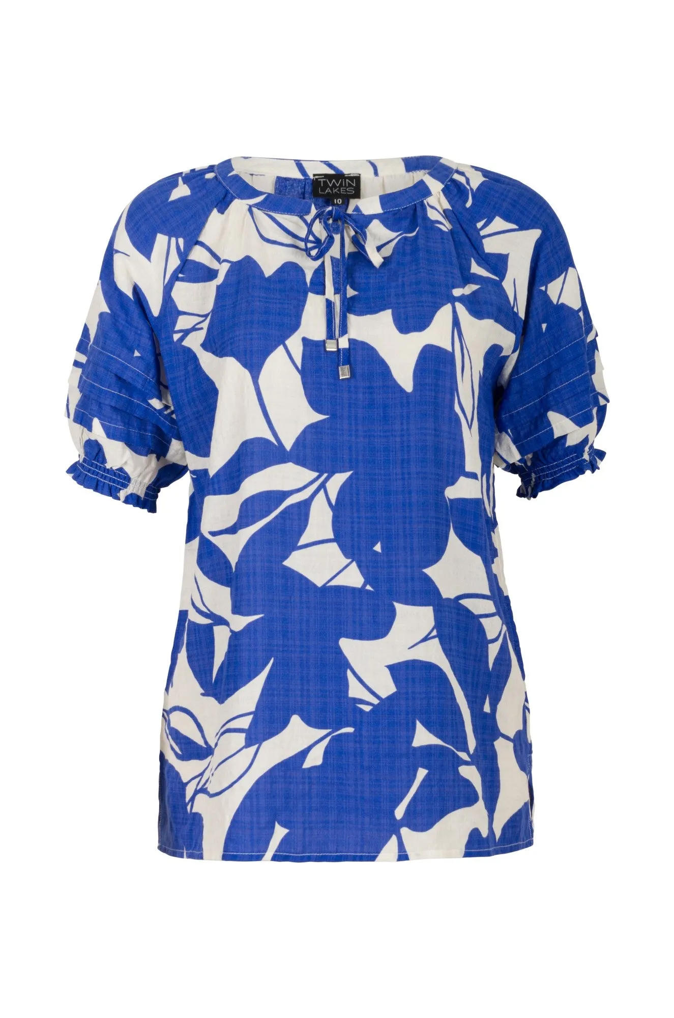 Comfortable Sleep Cotton Rayon Top with puff sleeves | Lapis Ivory Leaves | 6548A1