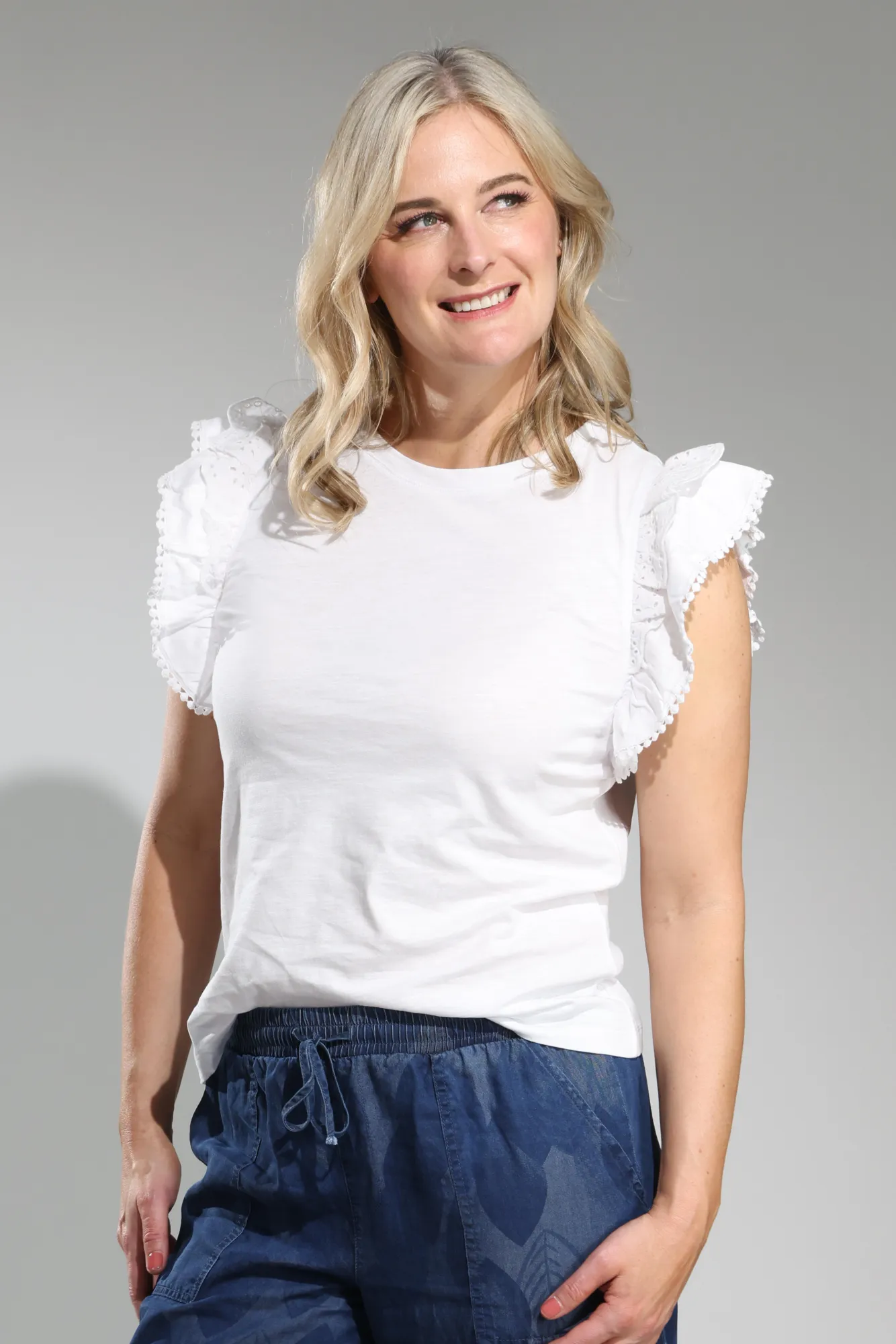 Cotton Top with double layer sleeve | WHITE | 6962A1 Easy Layering