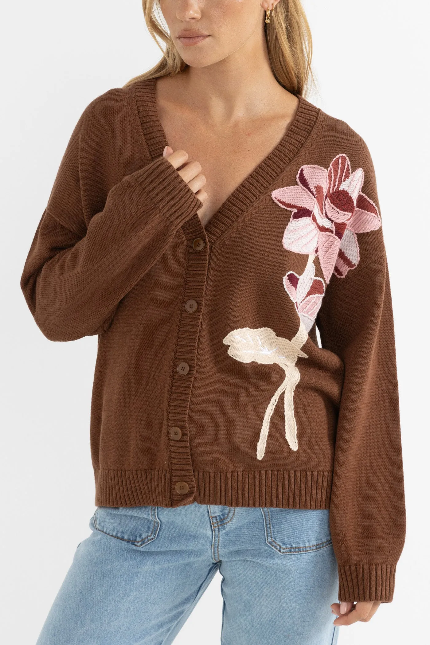 simple design Durable Blend Lotus Flower Knit Cardigan Cedar