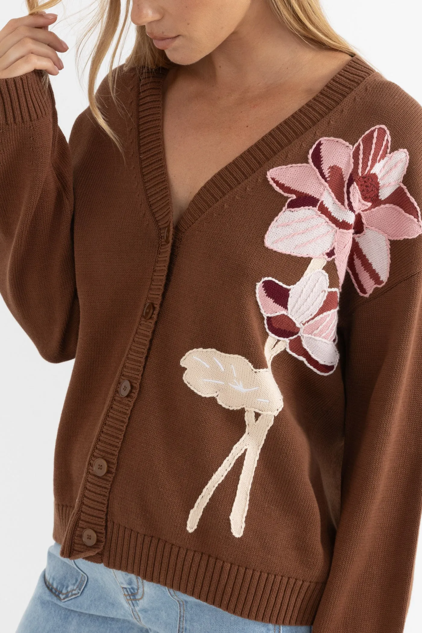 Lotus Flower Knit Cardigan Cedar Modern Casual Look Clean Cut