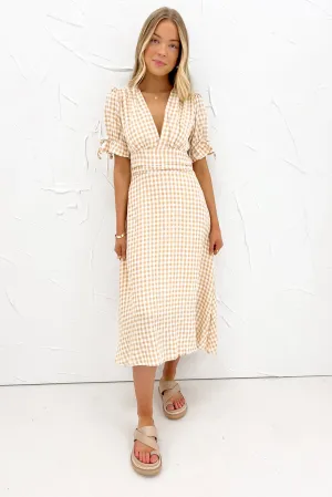 Aspyn Midi Dress Beige Check Comfy Look Light Drape