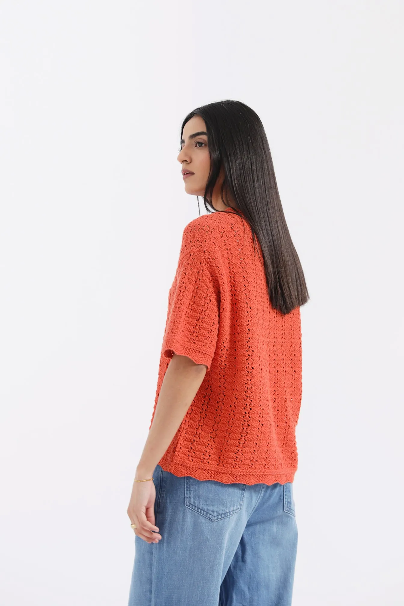Home Comfort CROCHET KNIT TOP WITH SCALLOP DETAIL