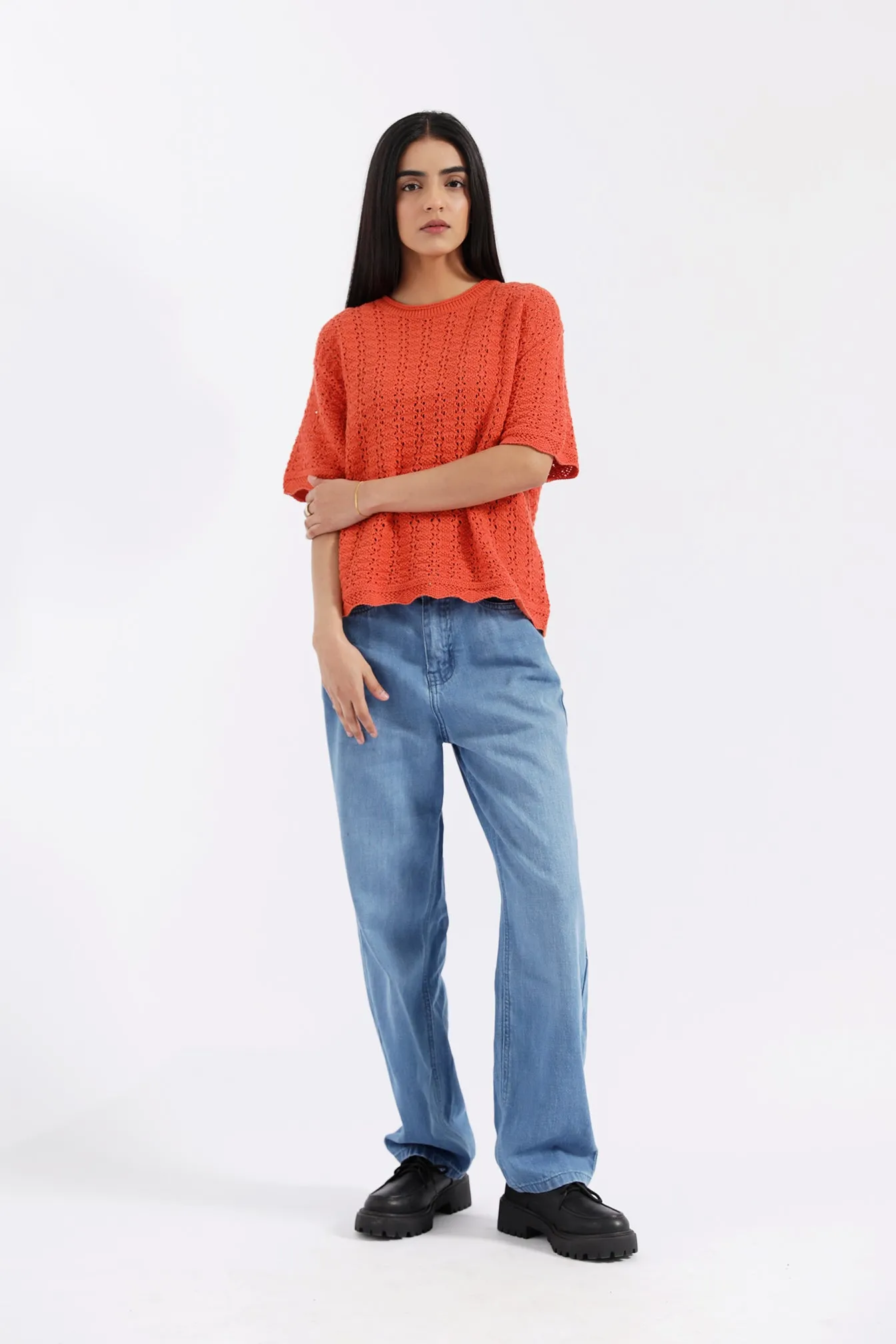 Antibacterial Finish CROCHET KNIT TOP WITH SCALLOP DETAIL