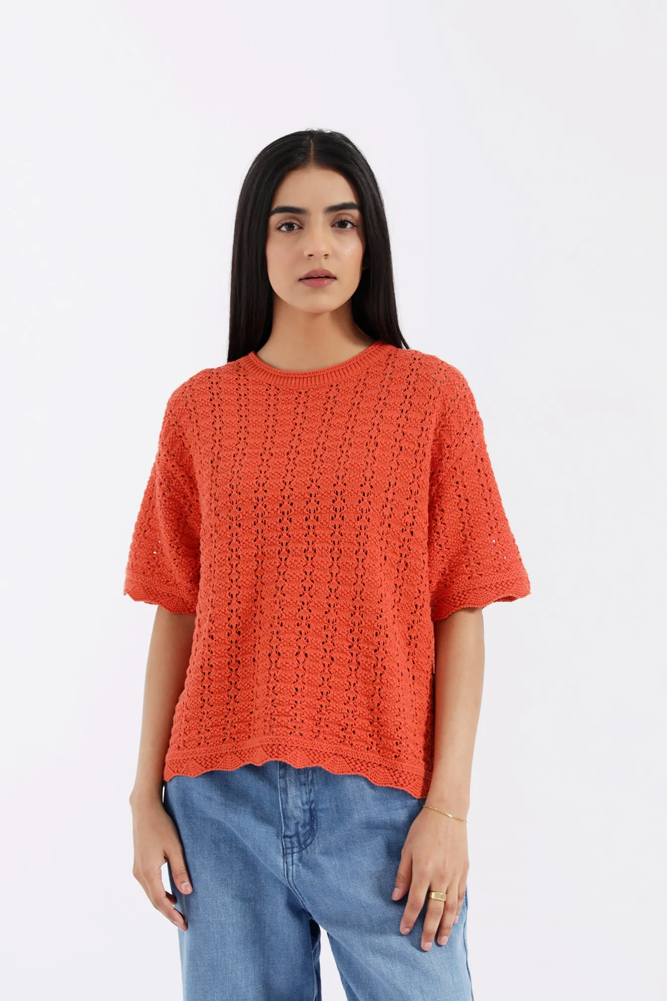 Home Style Comfort Stretch CROCHET KNIT TOP WITH SCALLOP DETAIL