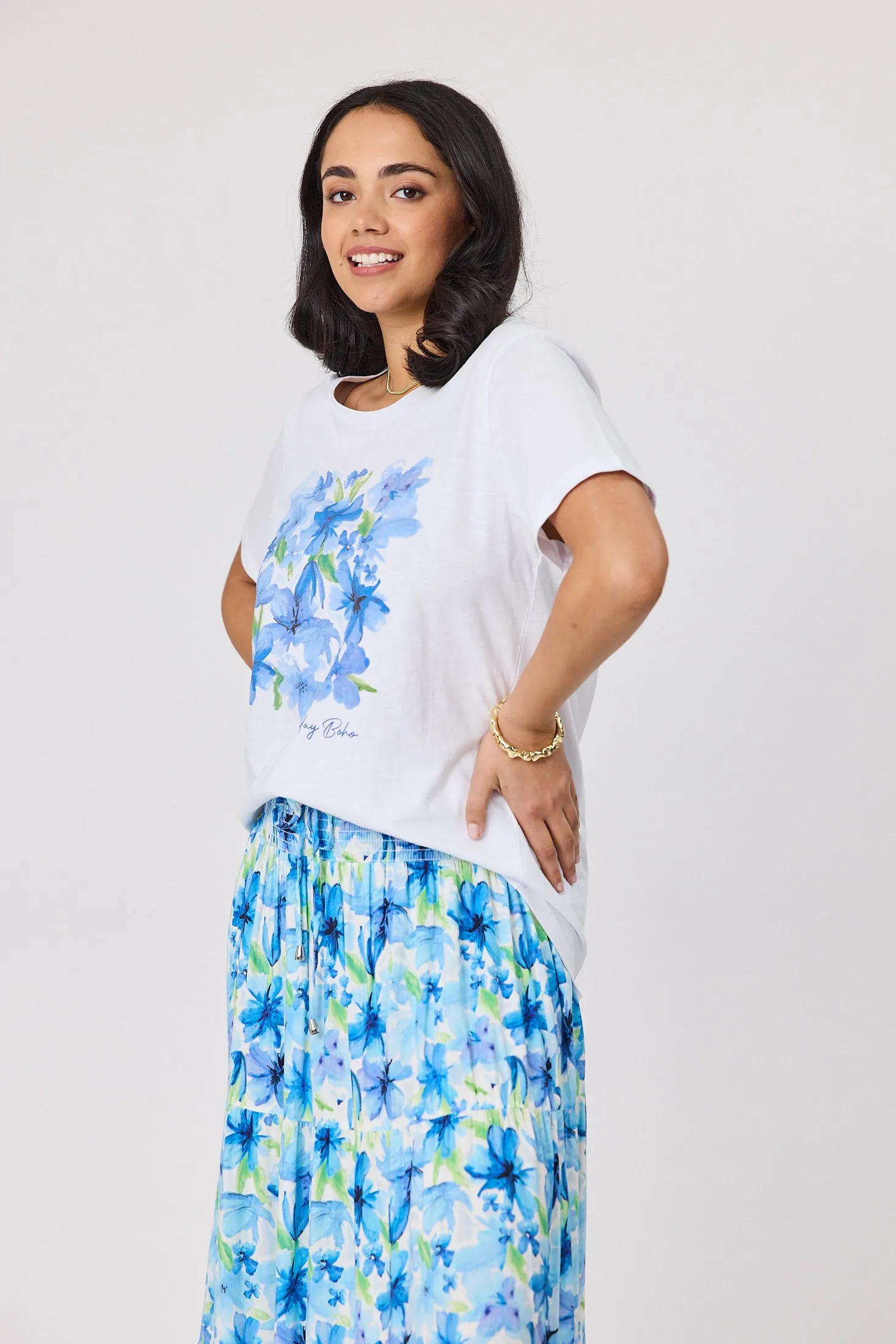 Sunday Boho Bella Printed Tee White Anti Static Treatment Timeless and Chic