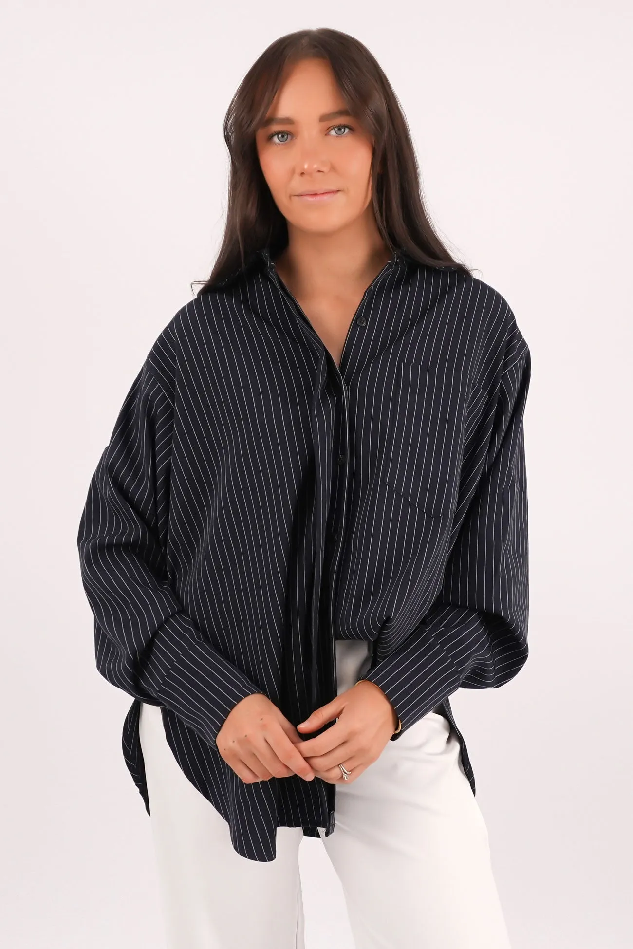 Premium Cotton Blend Jackson Shirt Navy Pinstripe