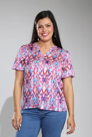 Vintage Style Printed Ribbon Chiffon Top | Multi Pink Abstract | 7122C1