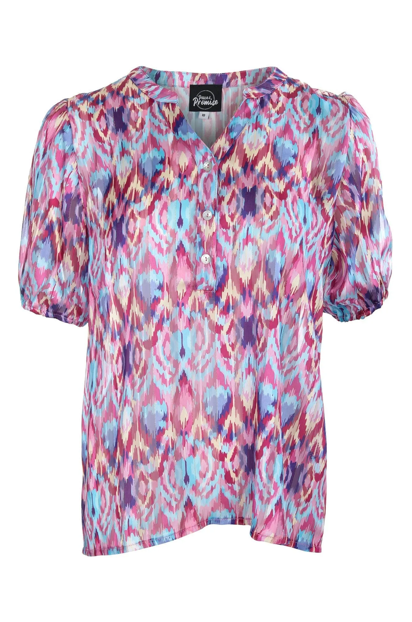 Printed Ribbon Chiffon Top | Multi Pink Abstract | 7122C1 Scandi Clean Soft Leggings