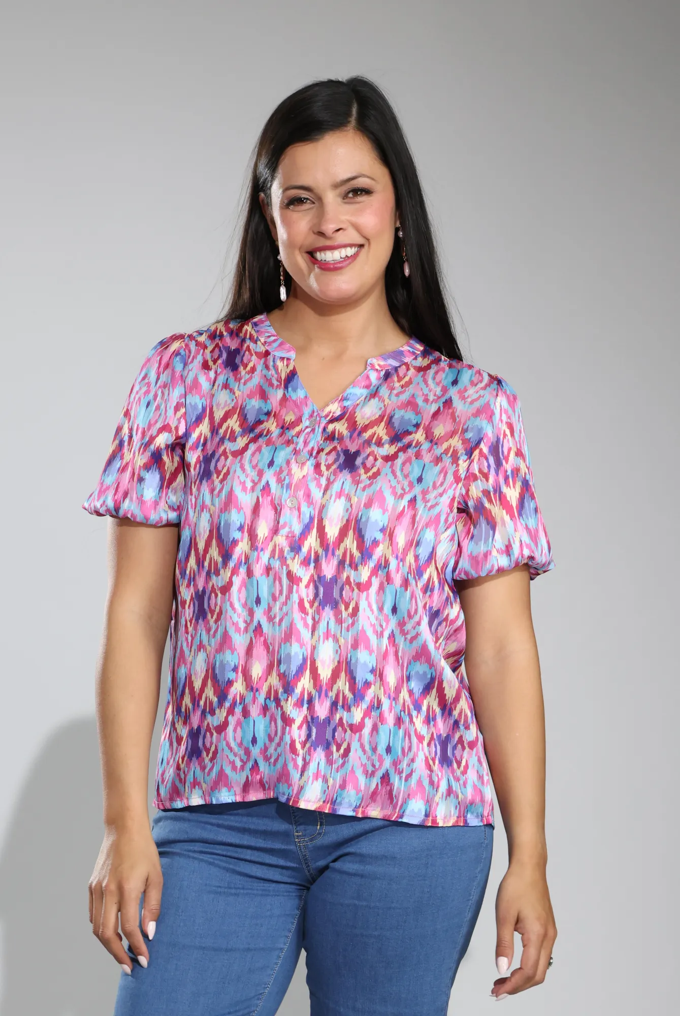 Vintage Style Printed Ribbon Chiffon Top | Multi Pink Abstract | 7122C1