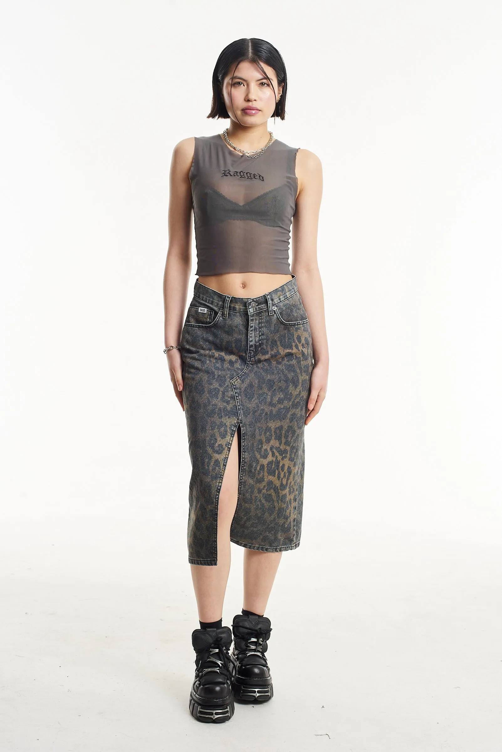 Relaxed Vibe Dark Leopard Denim Midi Skirt