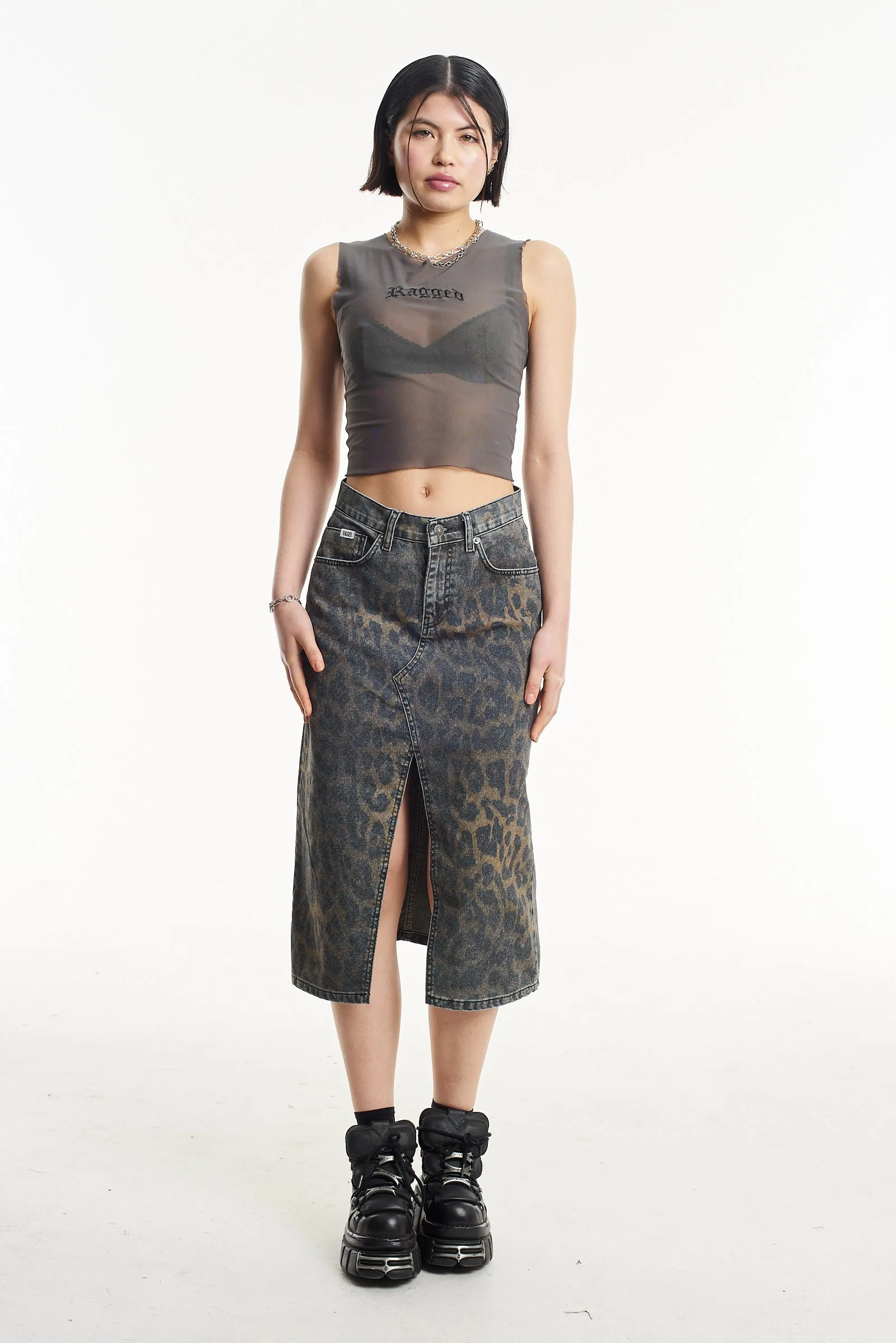 Fade Resistant Cloth Dark Leopard Denim Midi Skirt