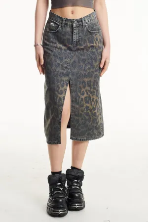 Dark Leopard Denim Midi Skirt Breathable Subtle Look