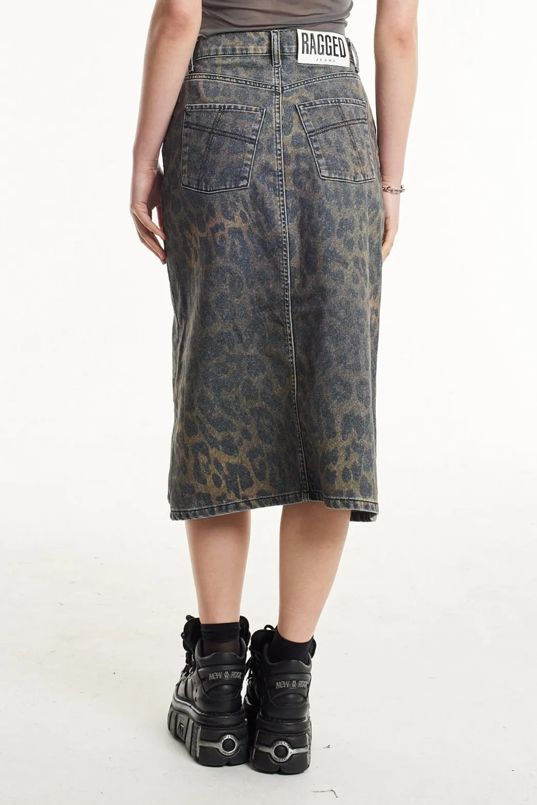 Dark Leopard Denim Midi Skirt Low Maintenance Fabric ribbed texture