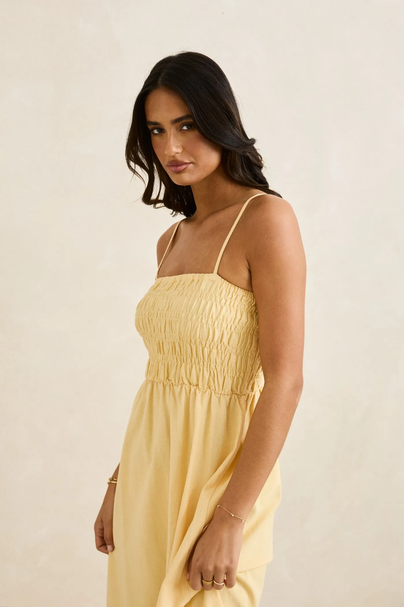 Date Nightwear Feminine off-the-shoulder gown Classic Shirred Midi Dress Butter