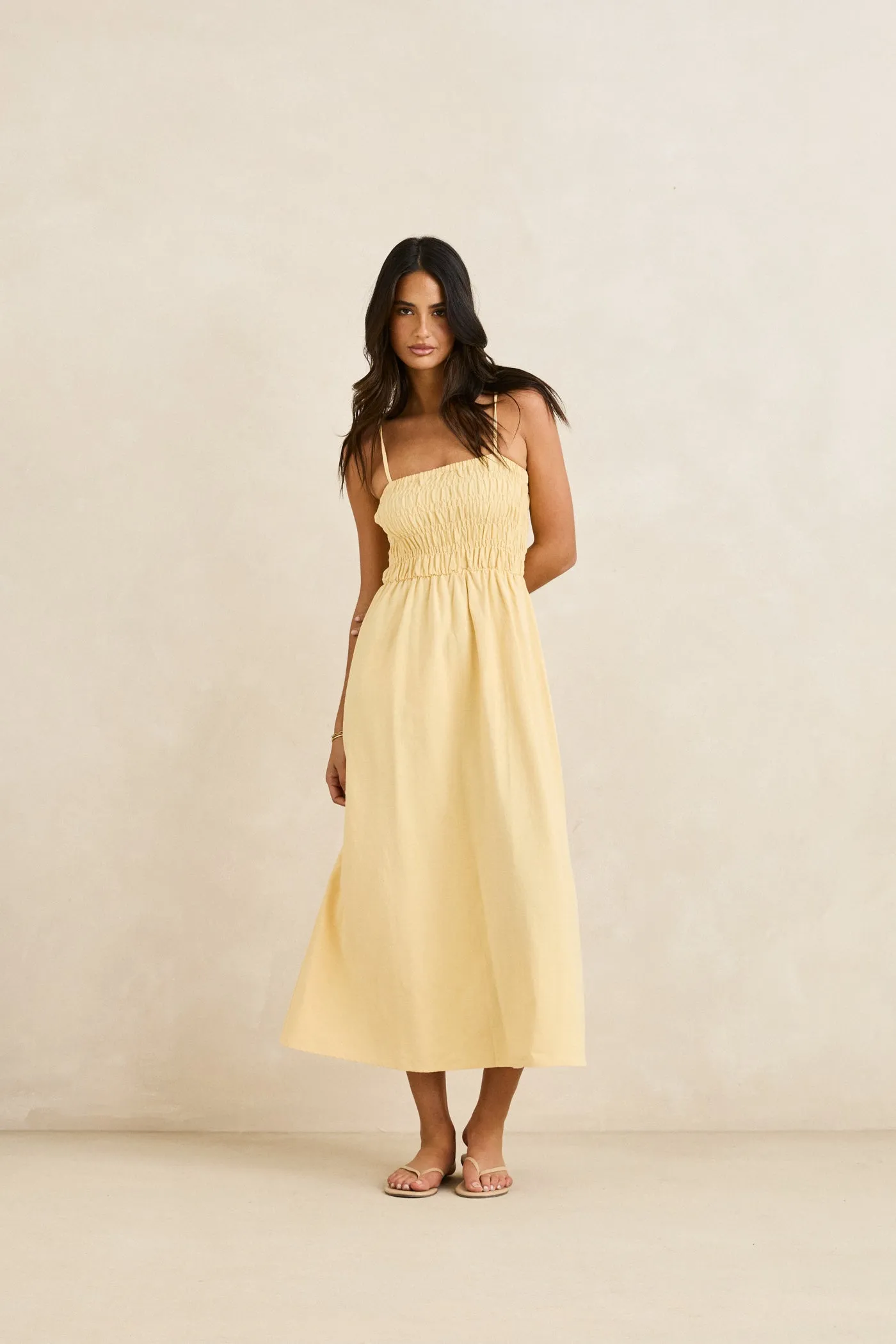 Classic Shirred Midi Dress Butter Cotton-Blend Flowing Design