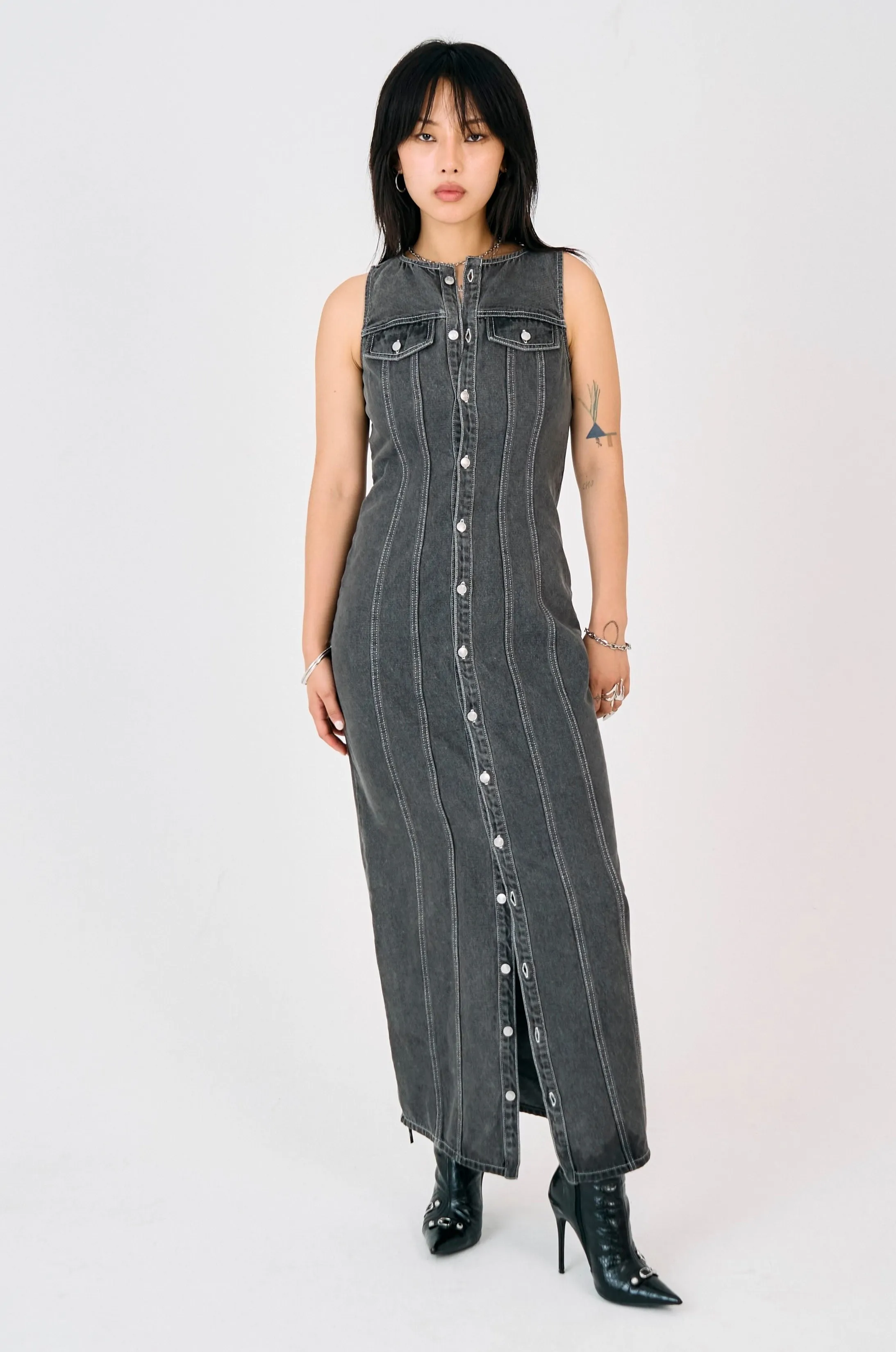 Cool Frame Defence Panel Seam Denim Maxi Dress