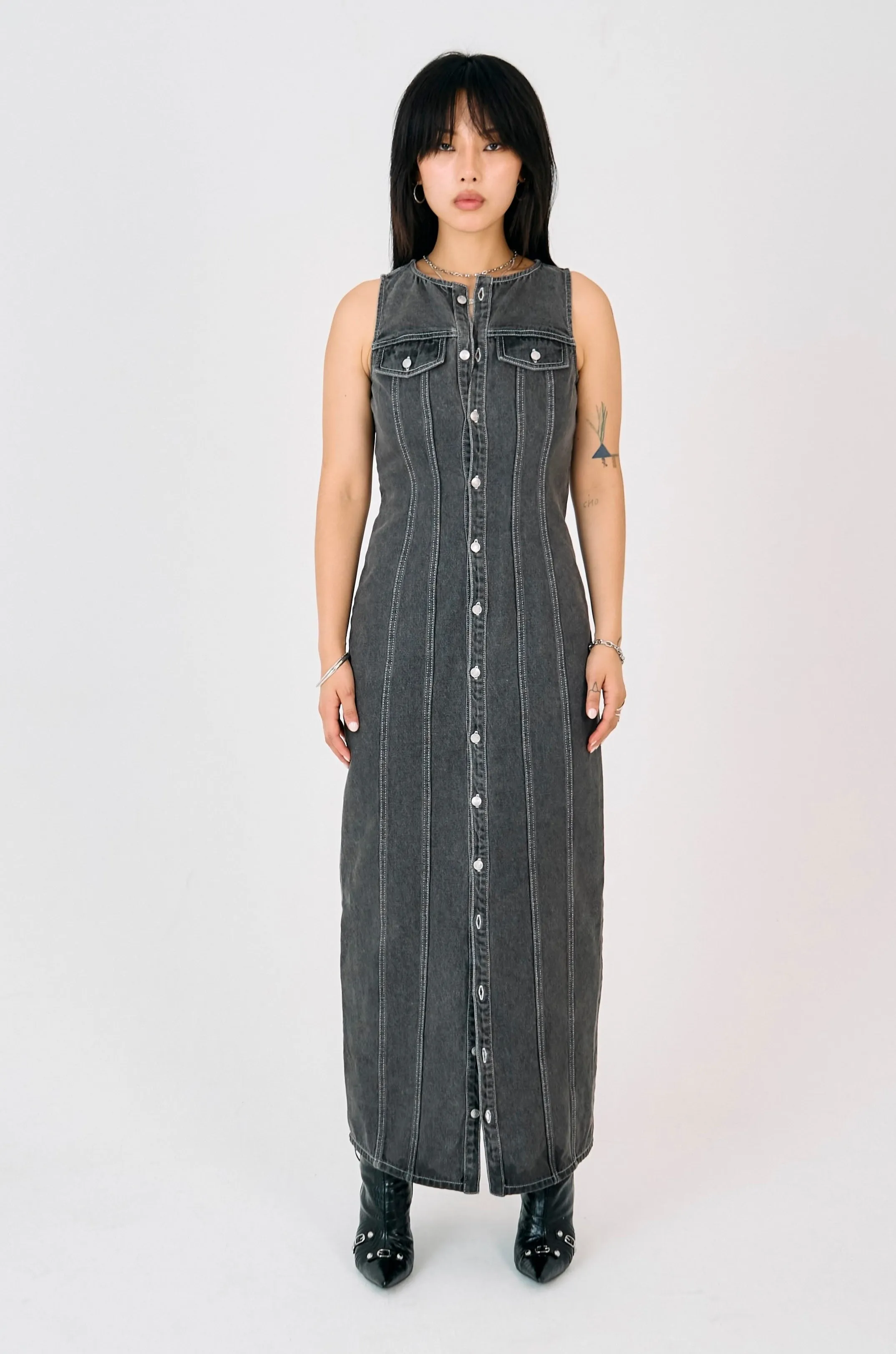 Sharp Look Defence Panel Seam Denim Maxi Dress