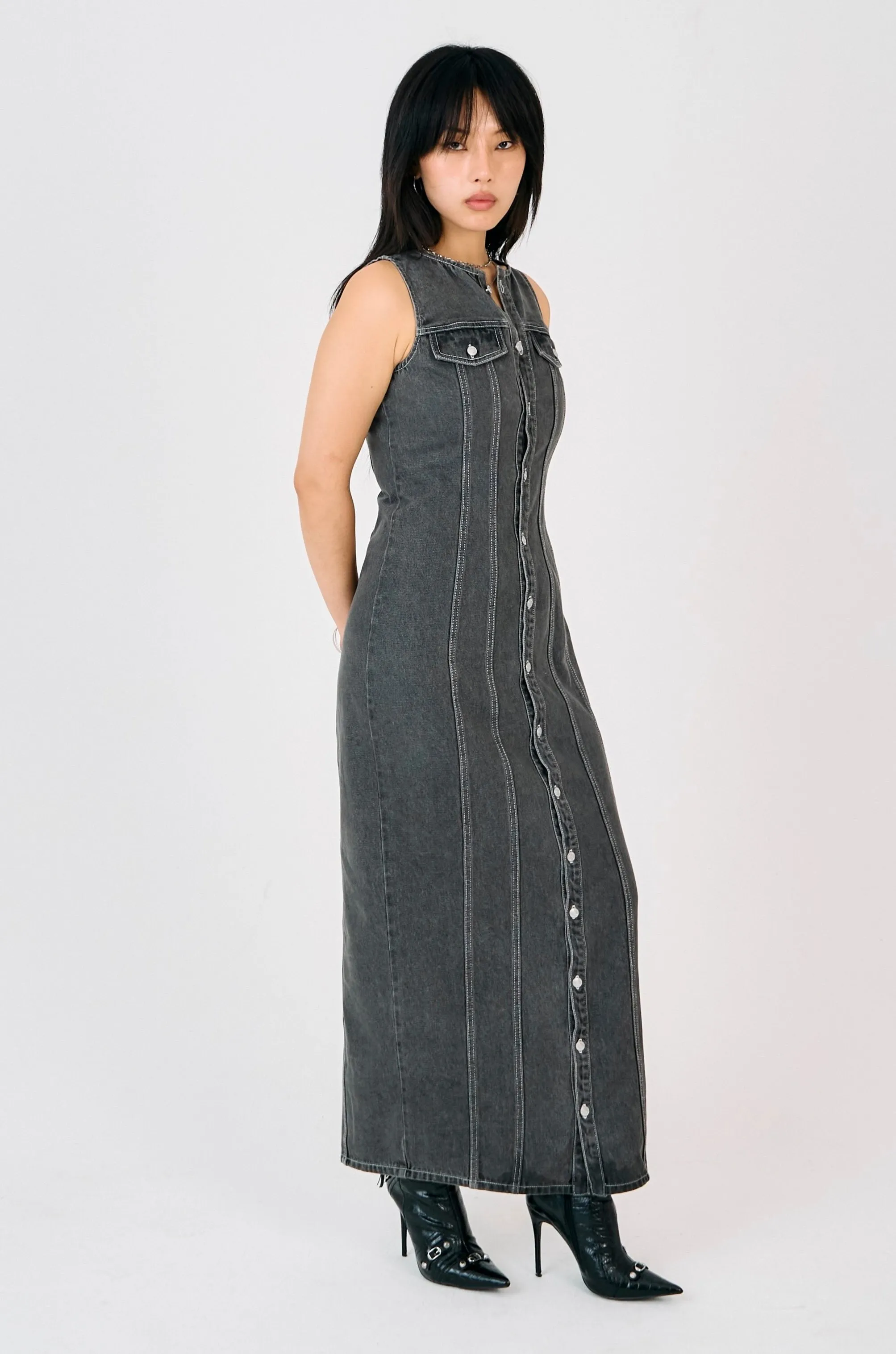 Fable Core EcoFriendlyTextiles Defence Panel Seam Denim Maxi Dress