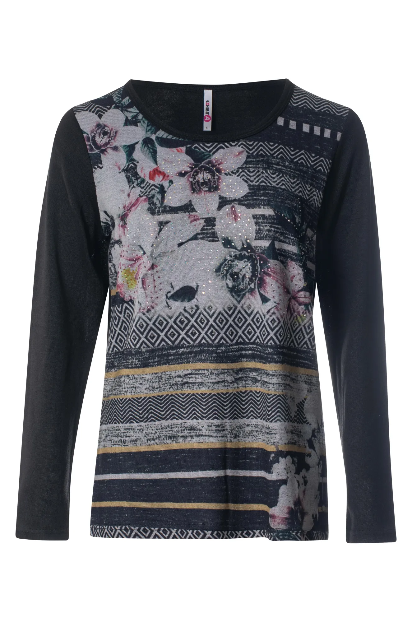 Weather Guard Reflective accents Digital Print Top with Diamantes | Charcoal Pink Flower | 3973BR