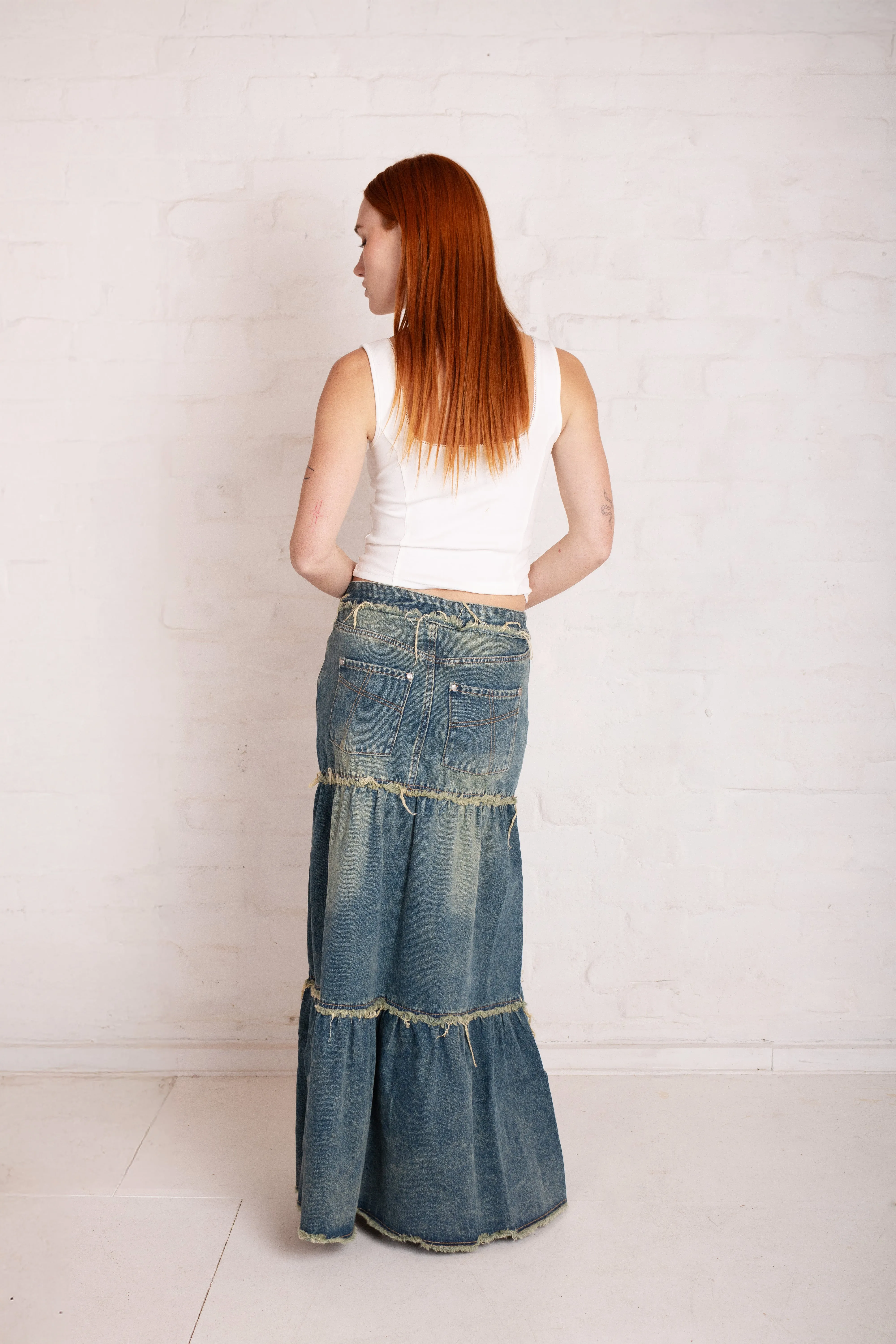 Fall Favorite Rolled Hem Dirty Wash Tiered Denim Maxi Skirt