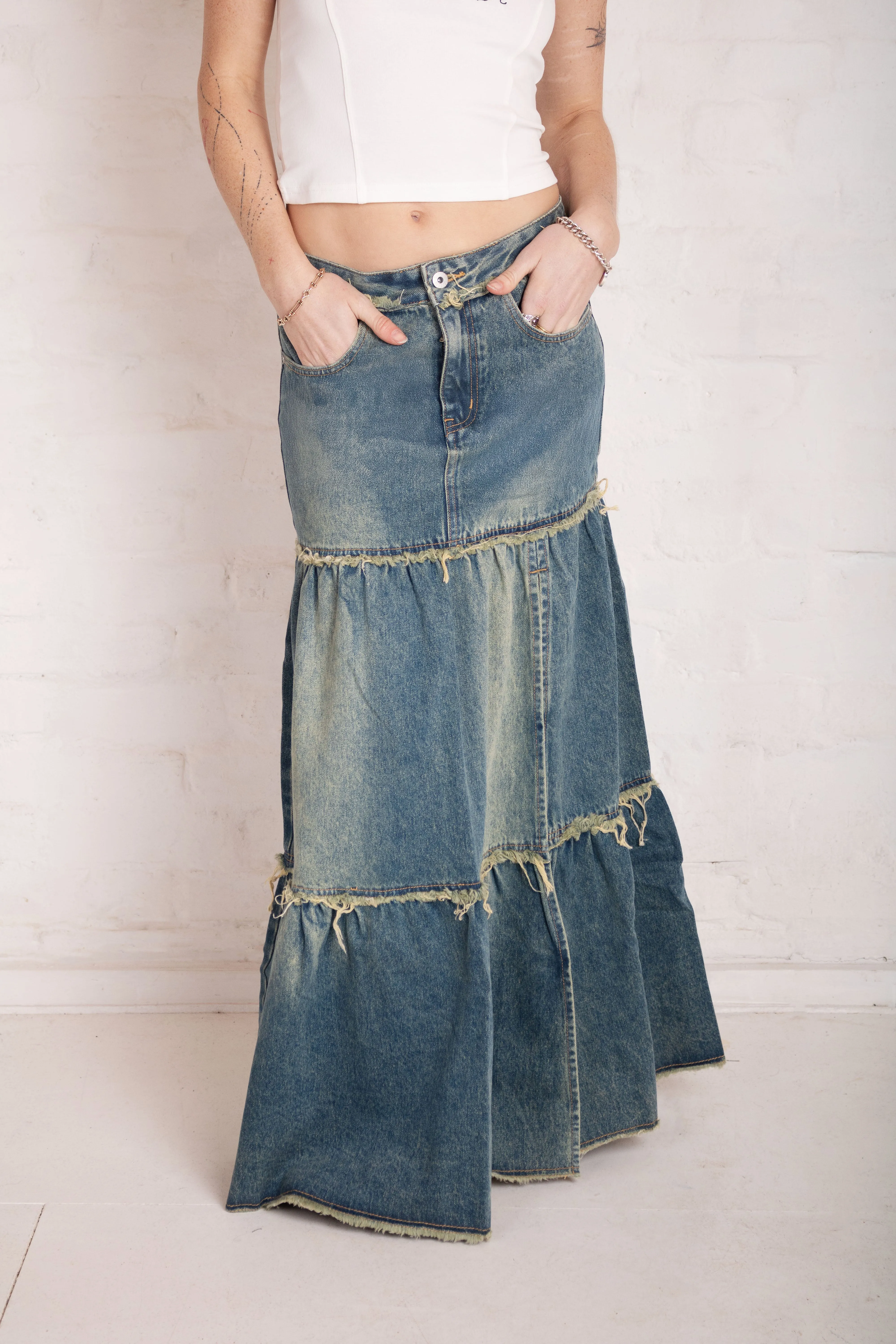Everyday Line birthday party Dirty Wash Tiered Denim Maxi Skirt