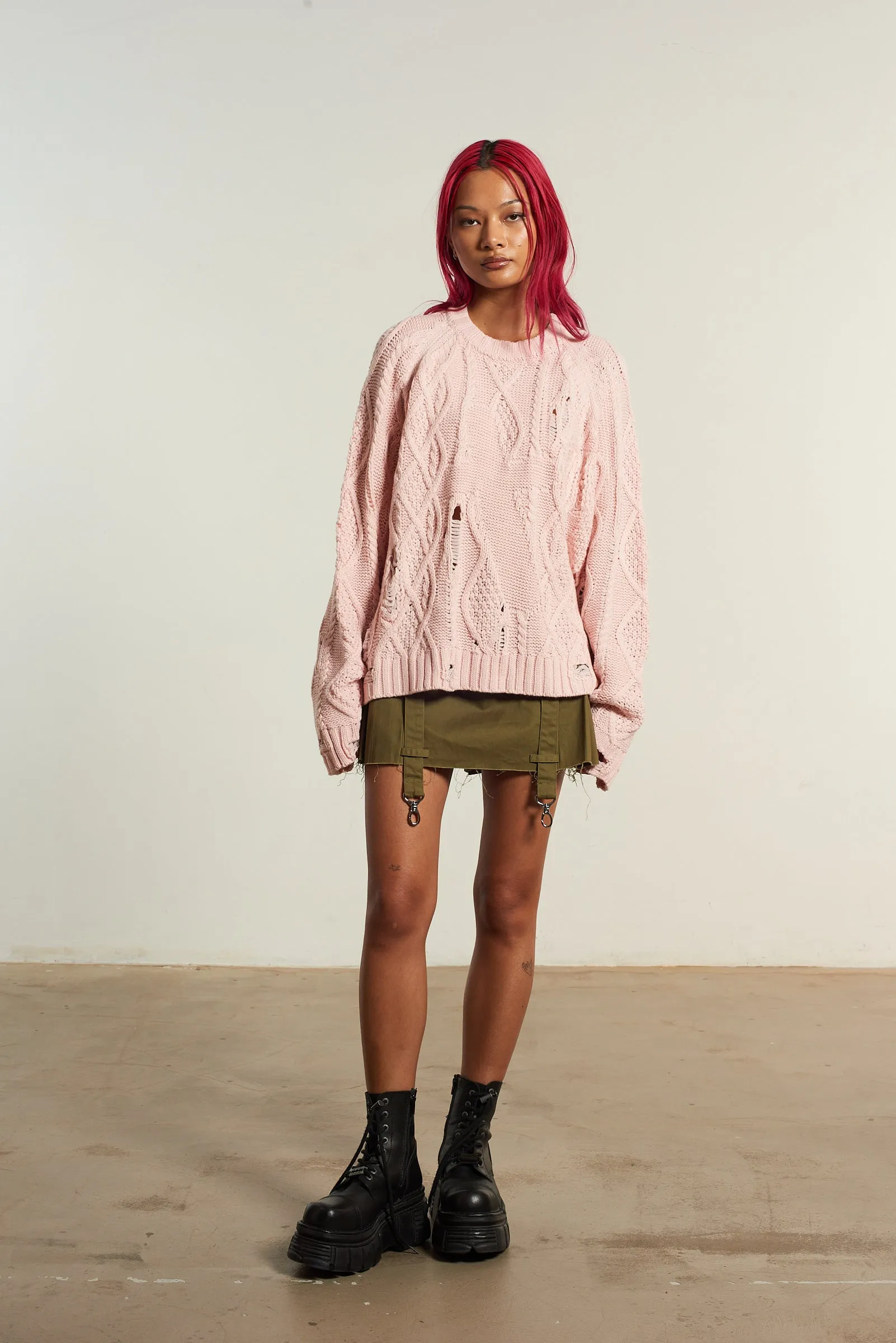 Distressed Cable Knit Pink Smooth zipper closure