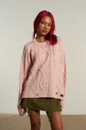 Merino Wool Blend Soft Stretch Distressed Cable Knit Pink