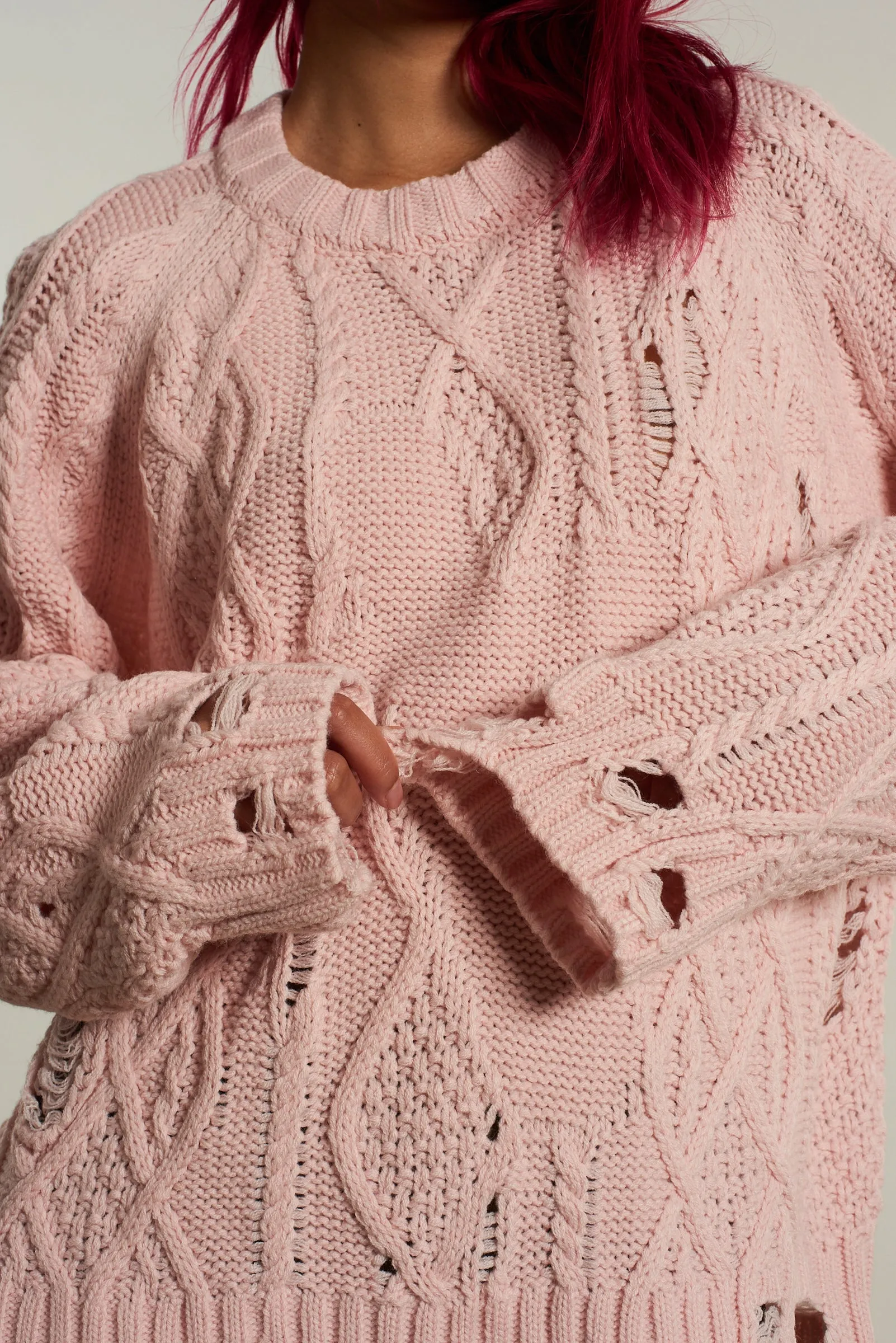 Casual Draping Distressed Cable Knit Pink