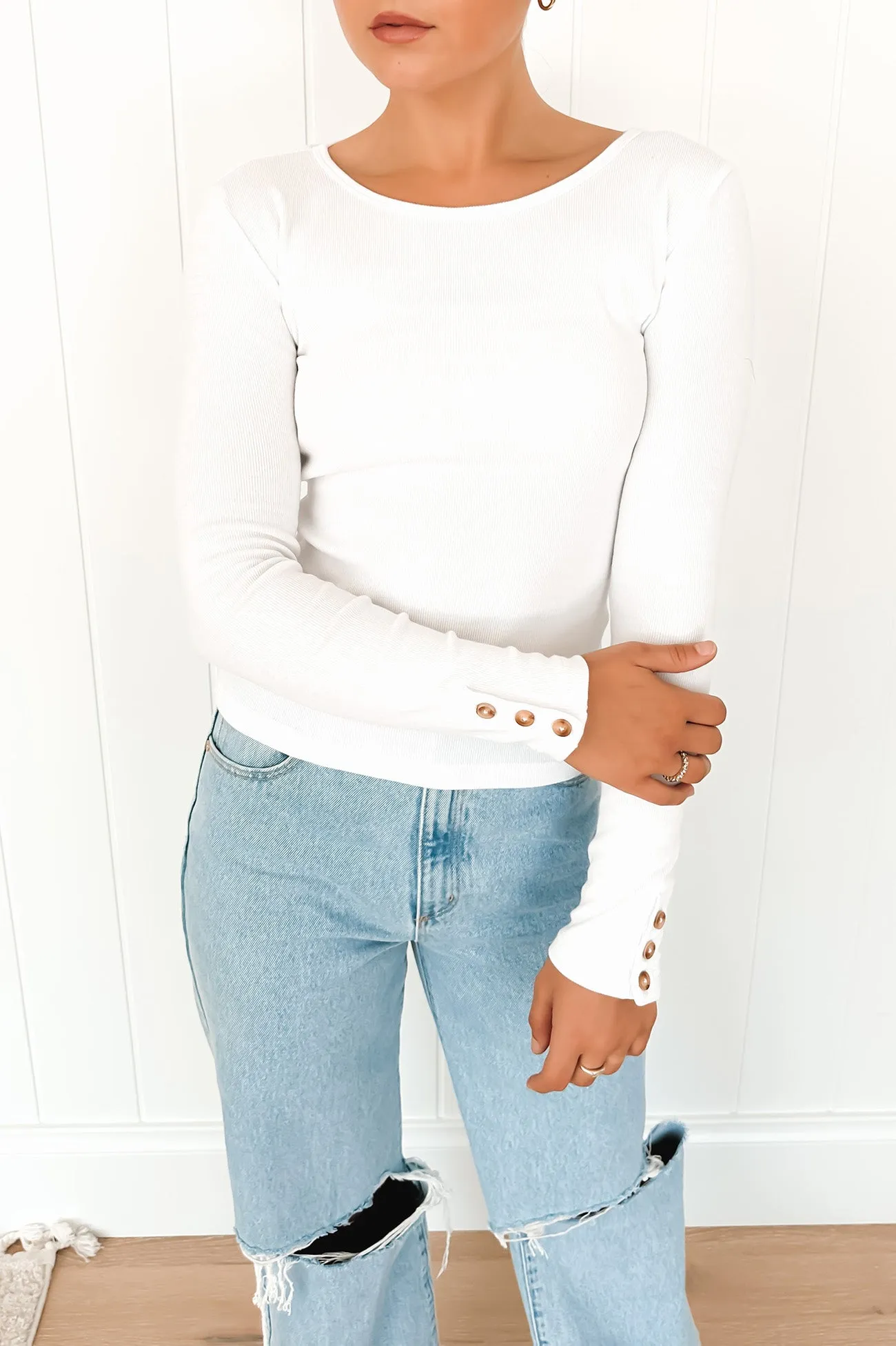 Jordyn Rib Long Sleeve White AdjustableCuffs