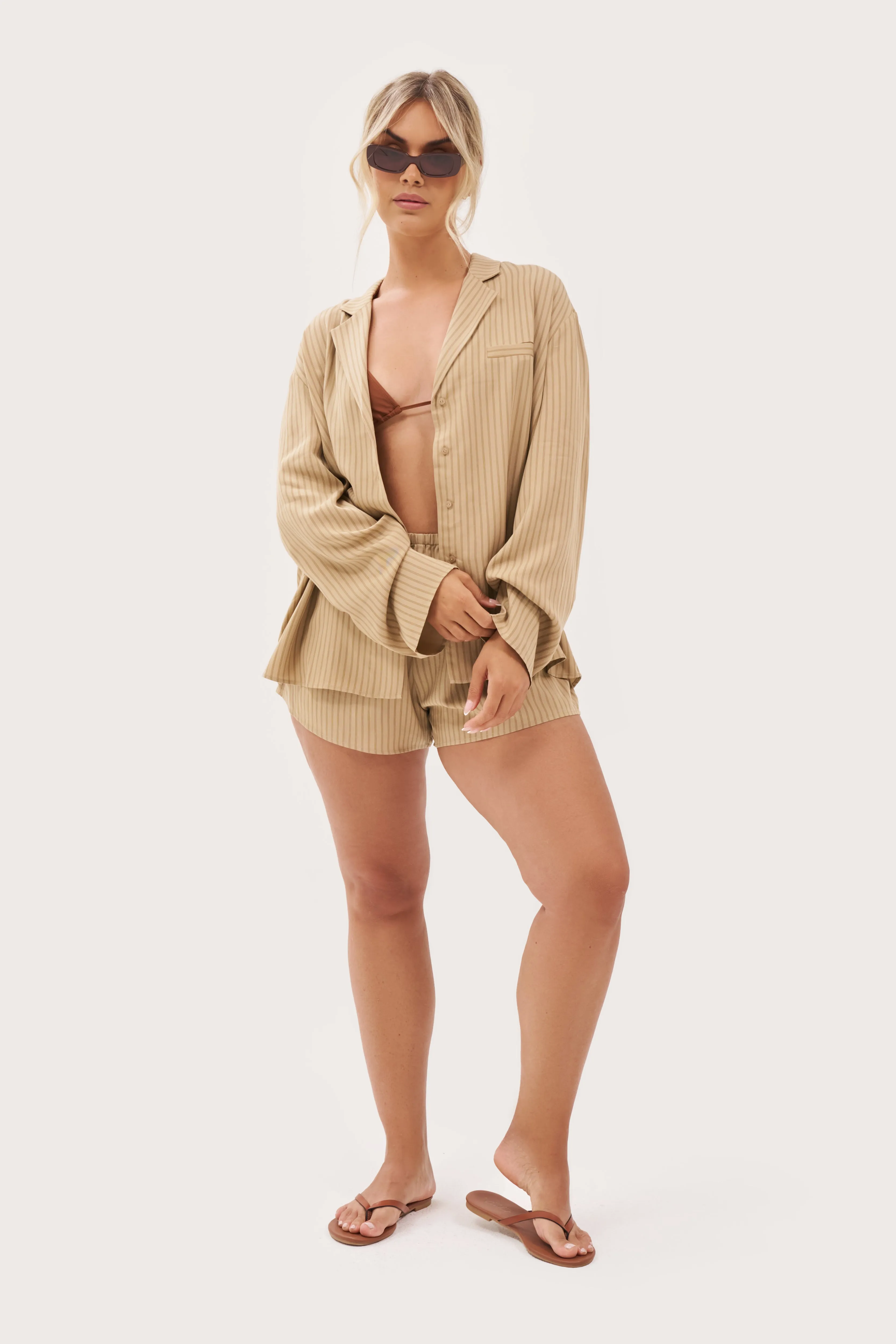 V neck style Casual Vibes Treble Stripe Overshirt - Sand