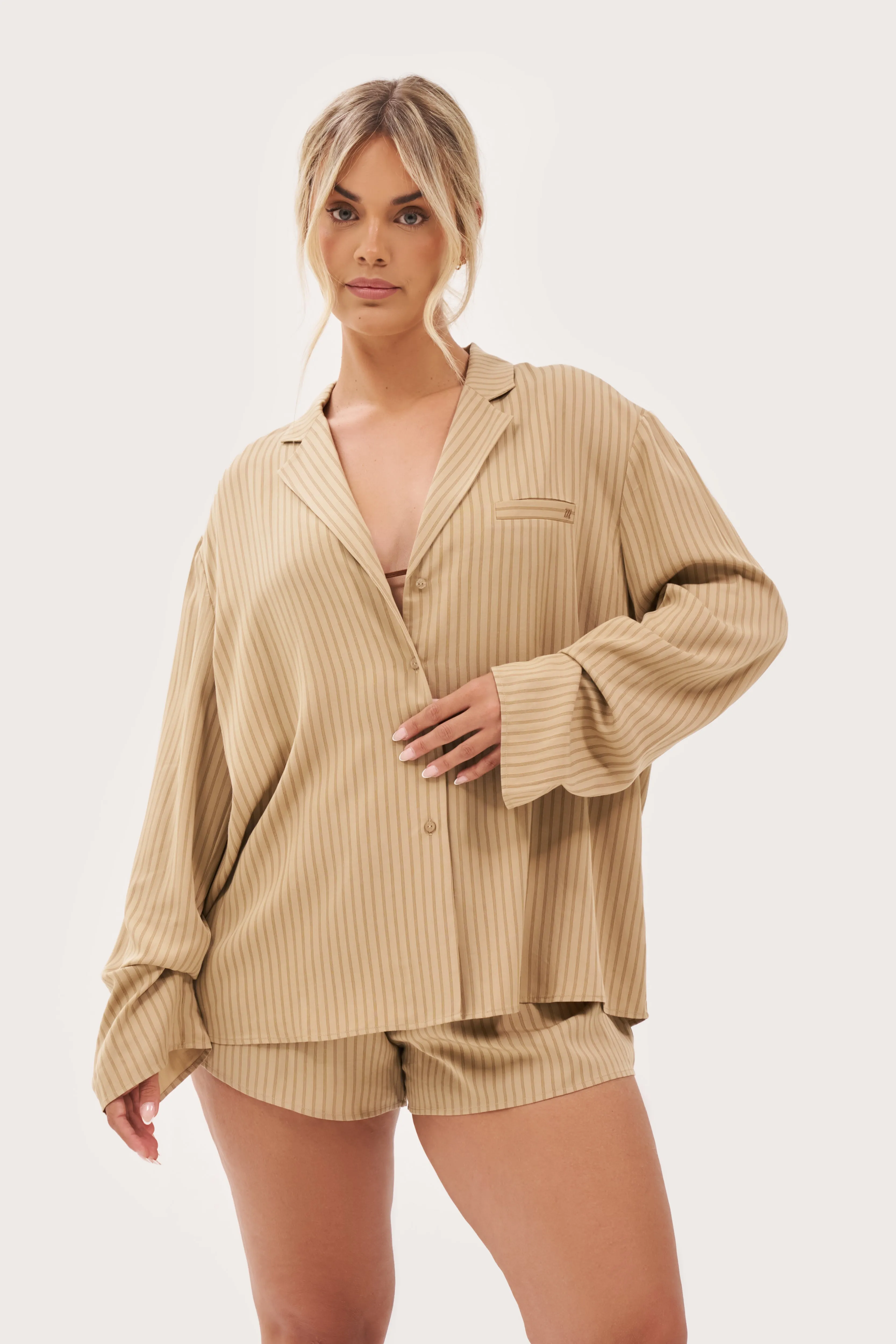 Raw Edge Hem Bold Statement Treble Stripe Overshirt - Sand
