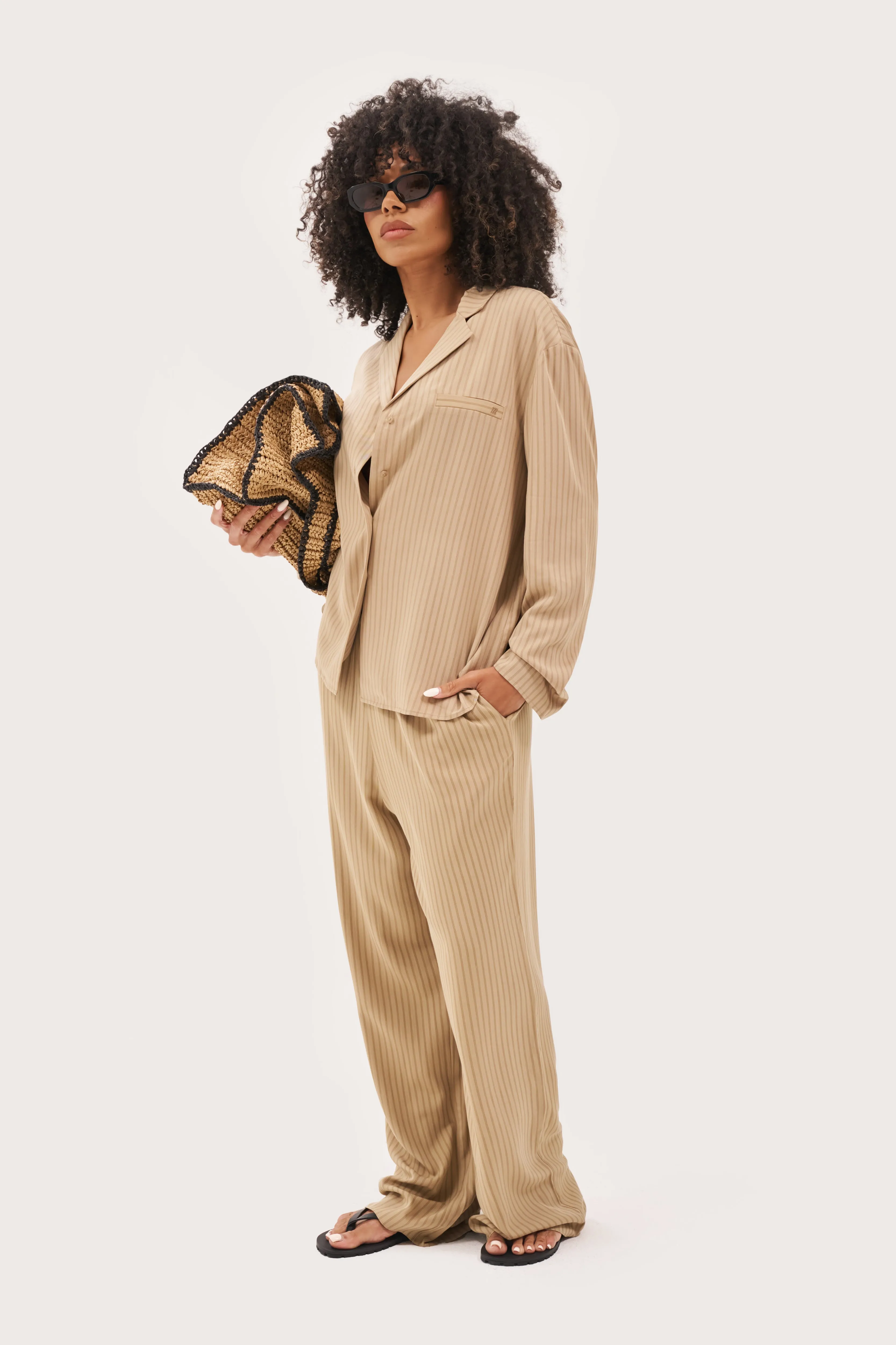 Formal Style Treble Stripe Overshirt - Sand