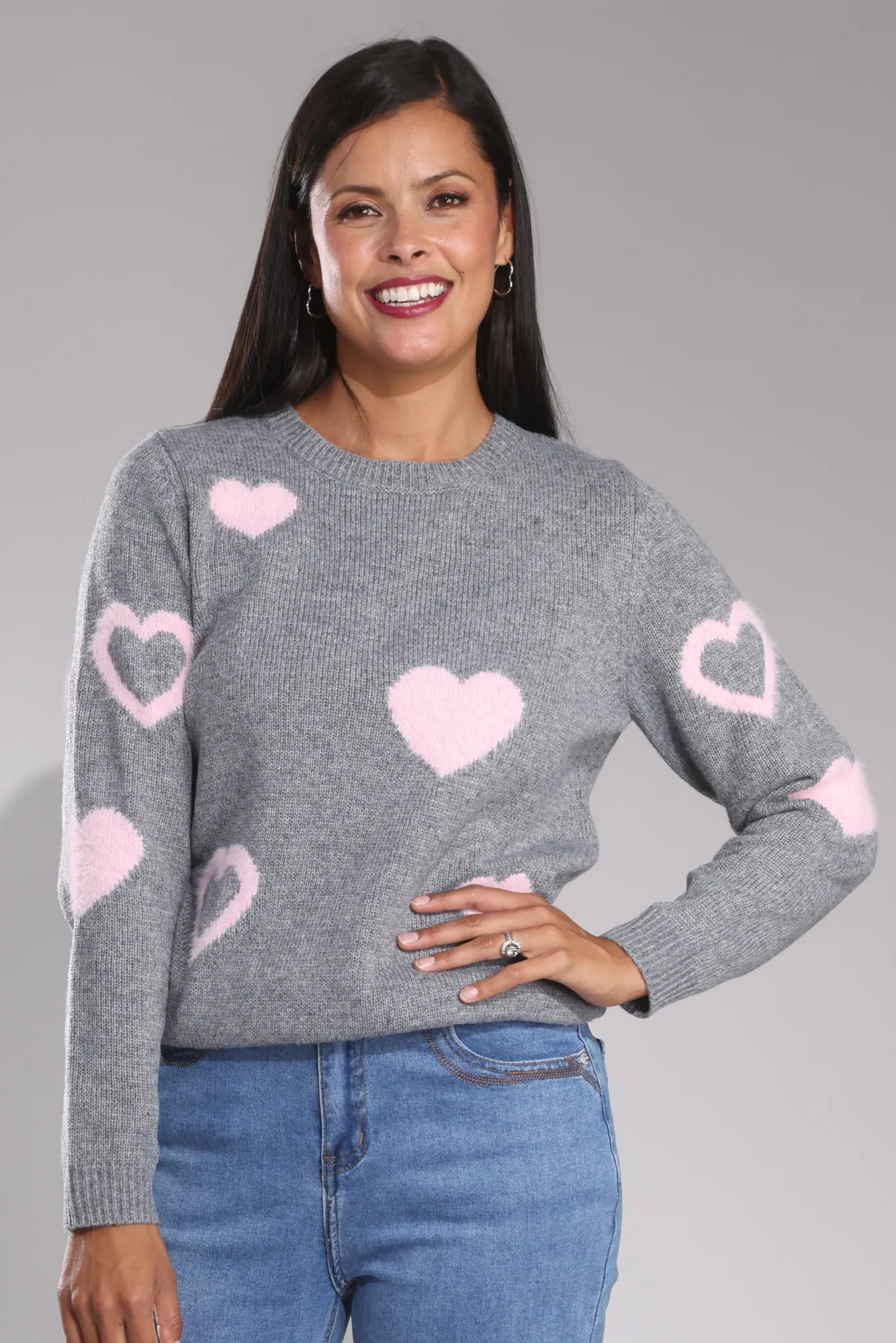 Jersey - Knitwear | Charc Marl/Pink Hearts | 0018B1 Warm Vibe Layered Knit Structure