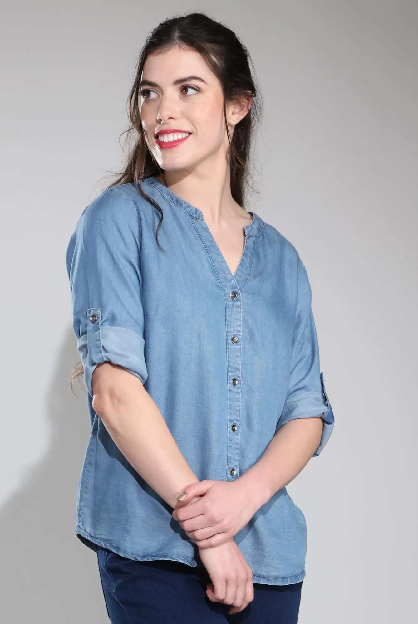 Tencel Roll-Sleeve Shirt | LIGHT INDIGO | 6632C1 Wicking Interlock Knit Seamless Edging