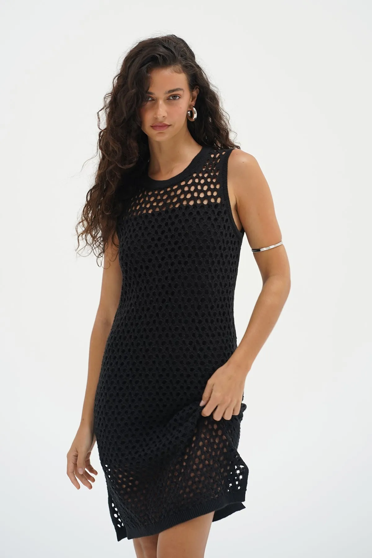 FlatlockStitching Cozy Jacket Trey Open Knit Mini Dress - Black