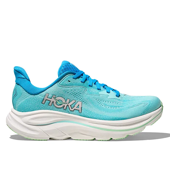 Womens Hoka Clifton 10 in Skyward Blue/Cielo Blue Sock Like Fit Design