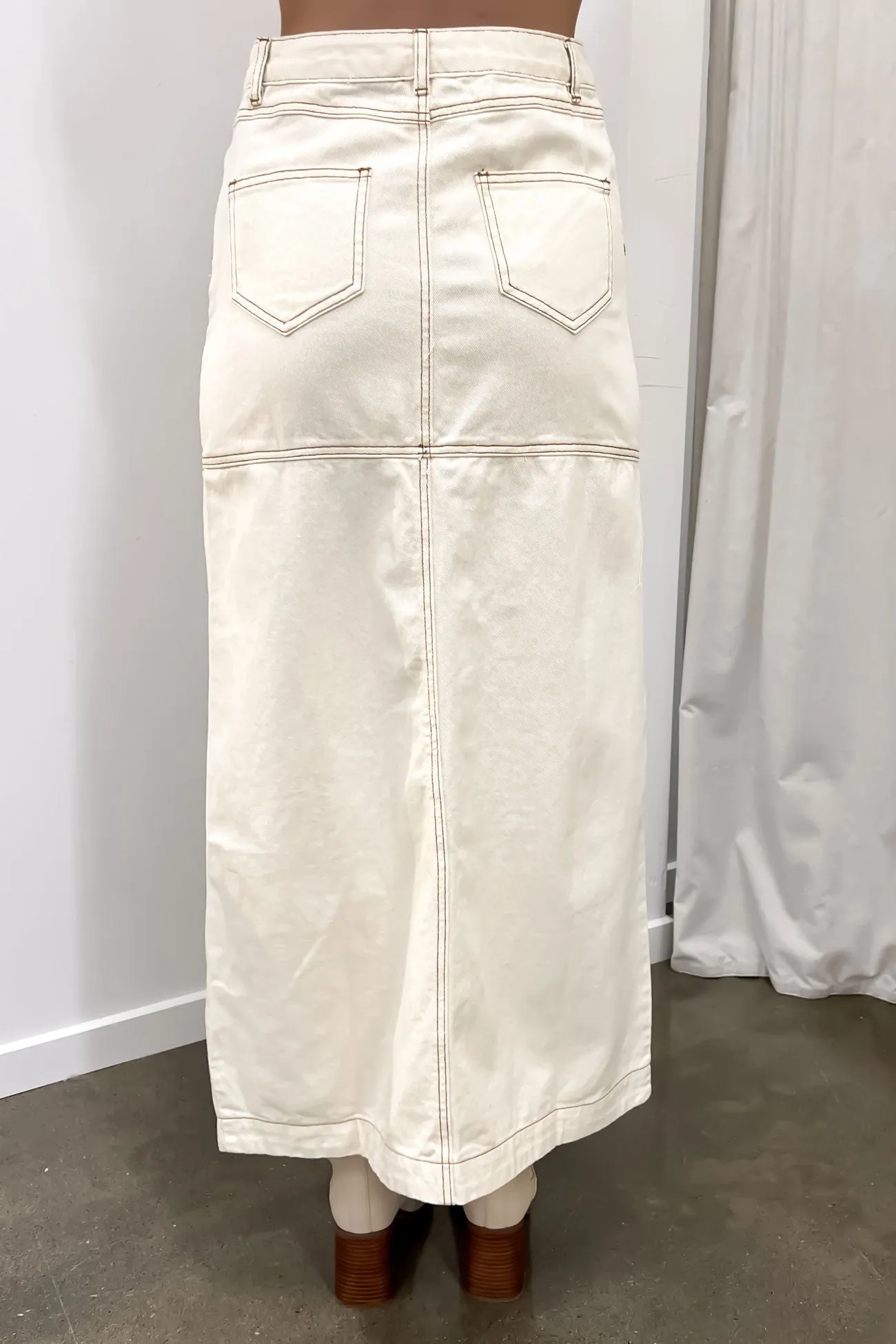 Alicia Denim Maxi Skirt Sand Wrap Front