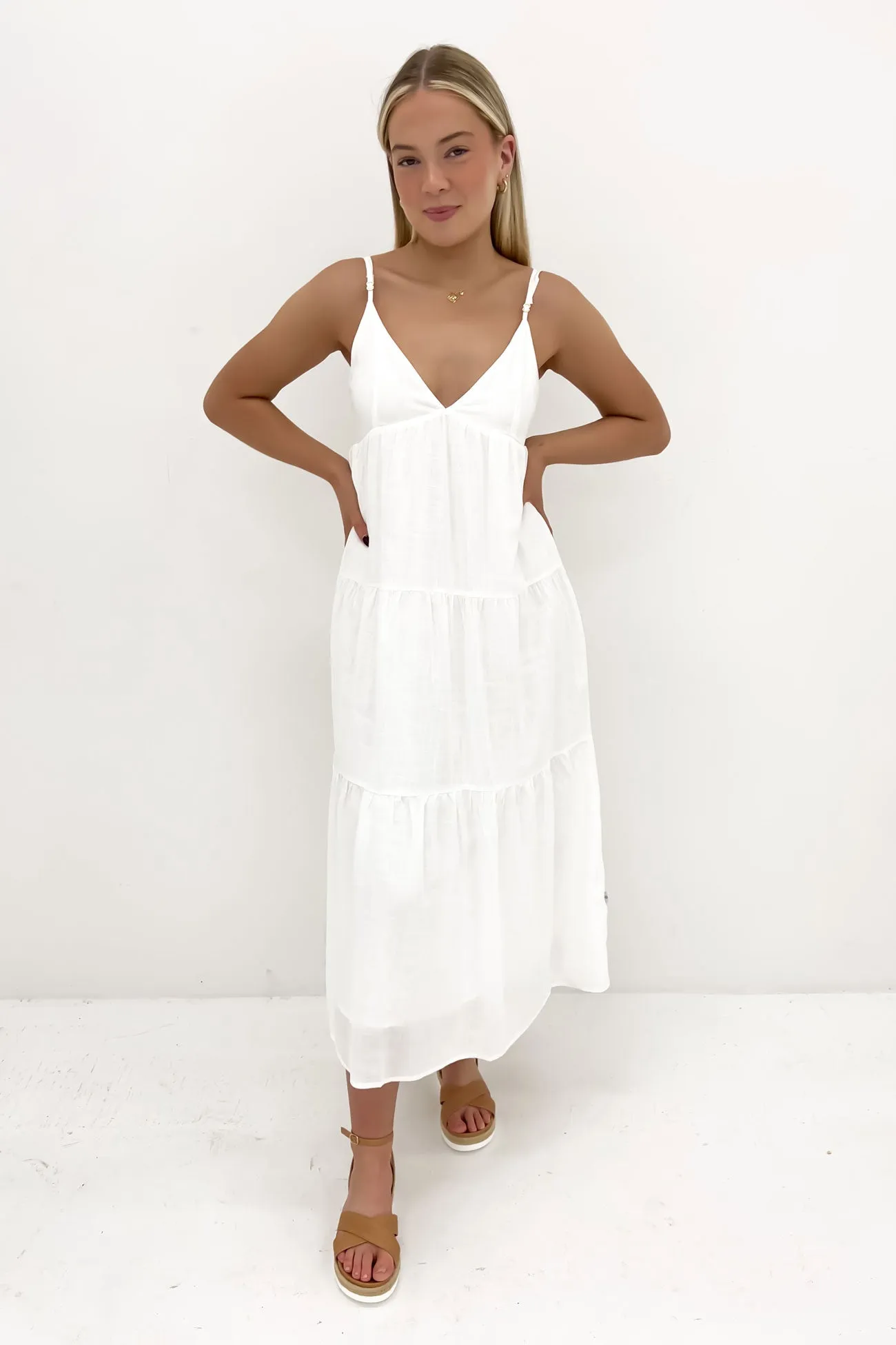 flattering appearance Classic Tiered Midi Dress White