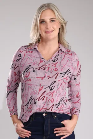 Printed Warm Touch Polo Top | PINK TEXT | 7904B1 Comfortable Sweater