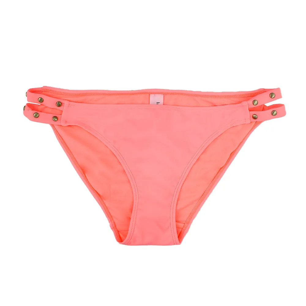 Women's Solid Design-Side Bikini Bottom,Neon coral Non Slip Grip Technology Soft Cup Support
