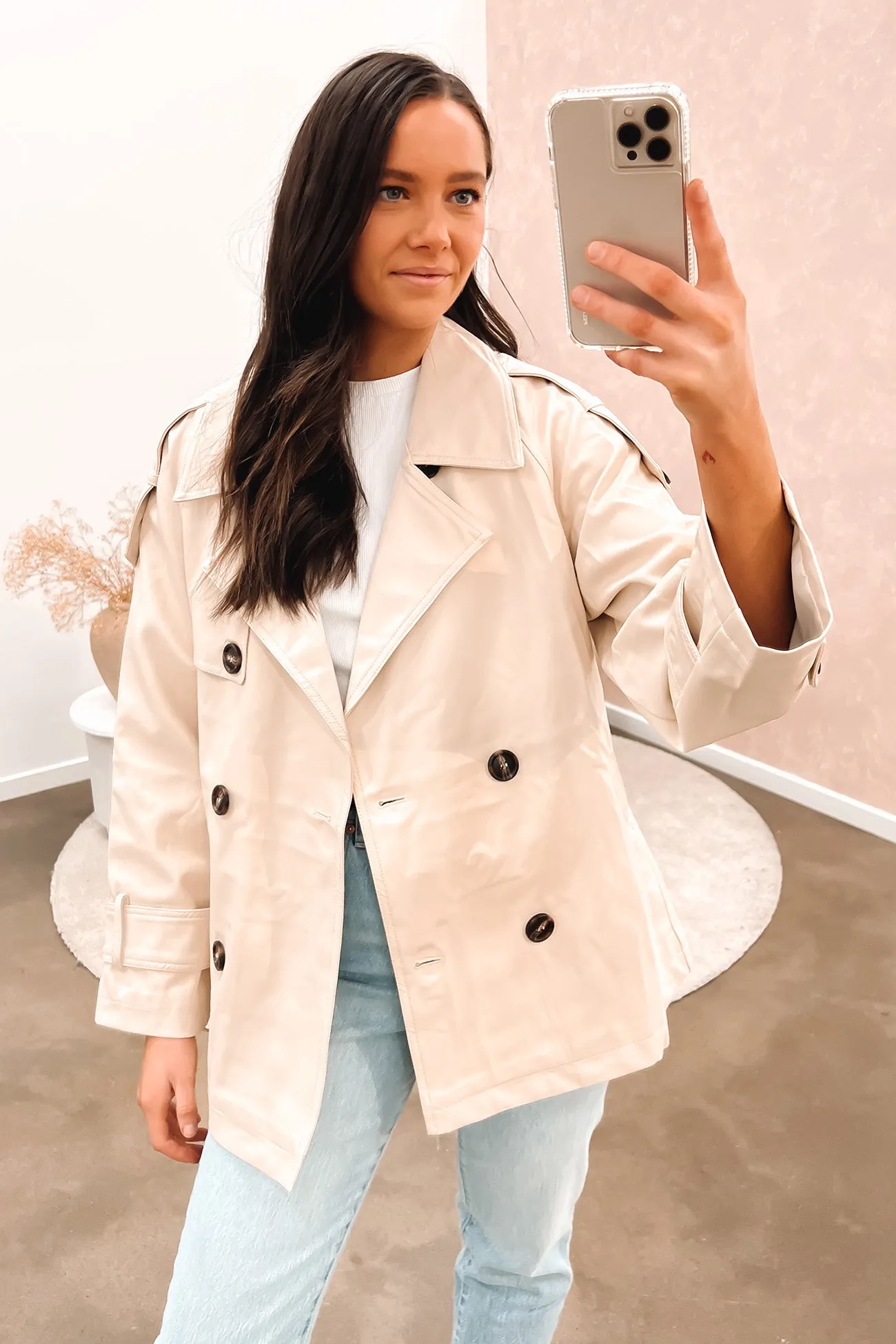 Edith Pleather Jacket Cream TemperatureRegulating Tech Flexible Material