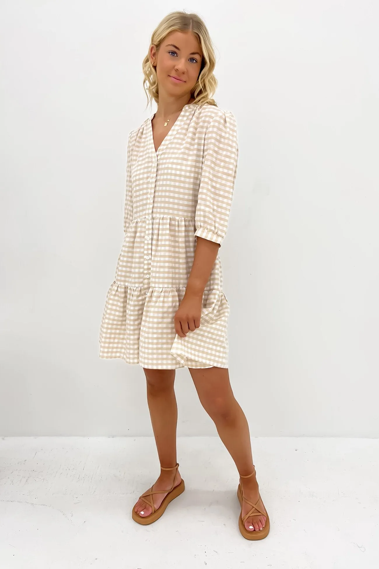 Mallory Mini Dress Latte Gingham Bright-Hue Cool Simplicity