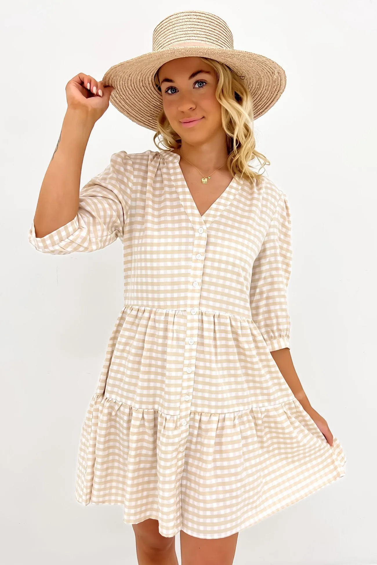 Bride Side Mallory Mini Dress Latte Gingham