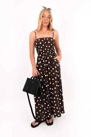 Street Elegance Fall Inspired Clarissa Midi Dress Chocolate Polkadot