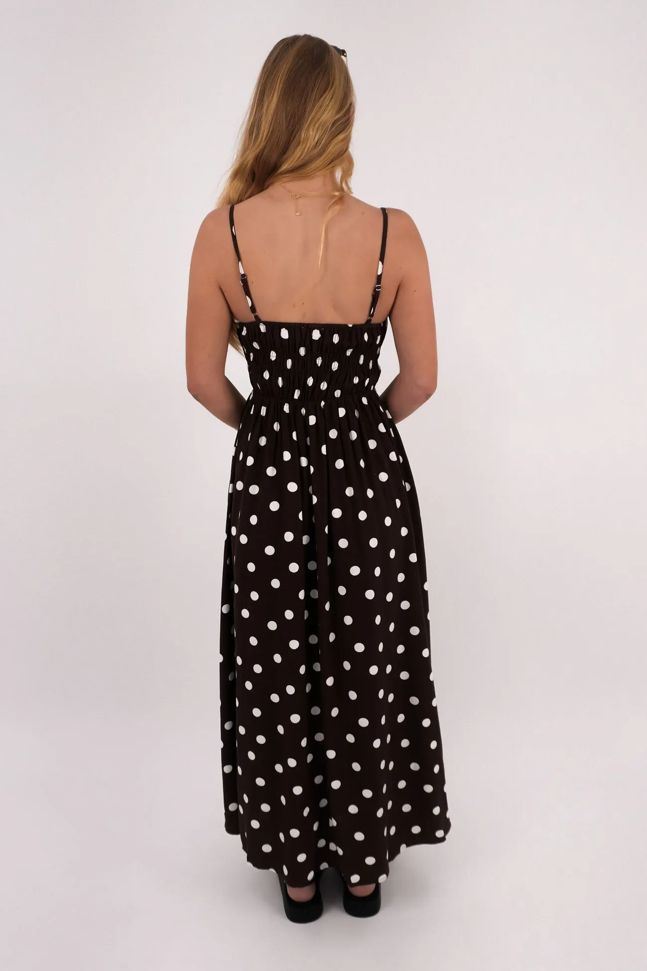 Clarissa Midi Dress Chocolate Polkadot High Waist