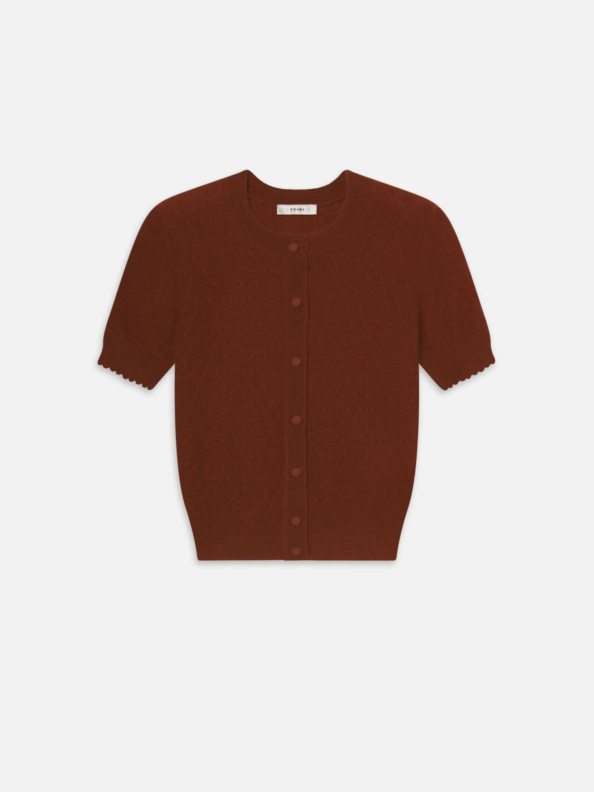 Reinforced Neckline Stitching LowImpact Processing The Cashmere Pointelle Cardi -- Chestnut