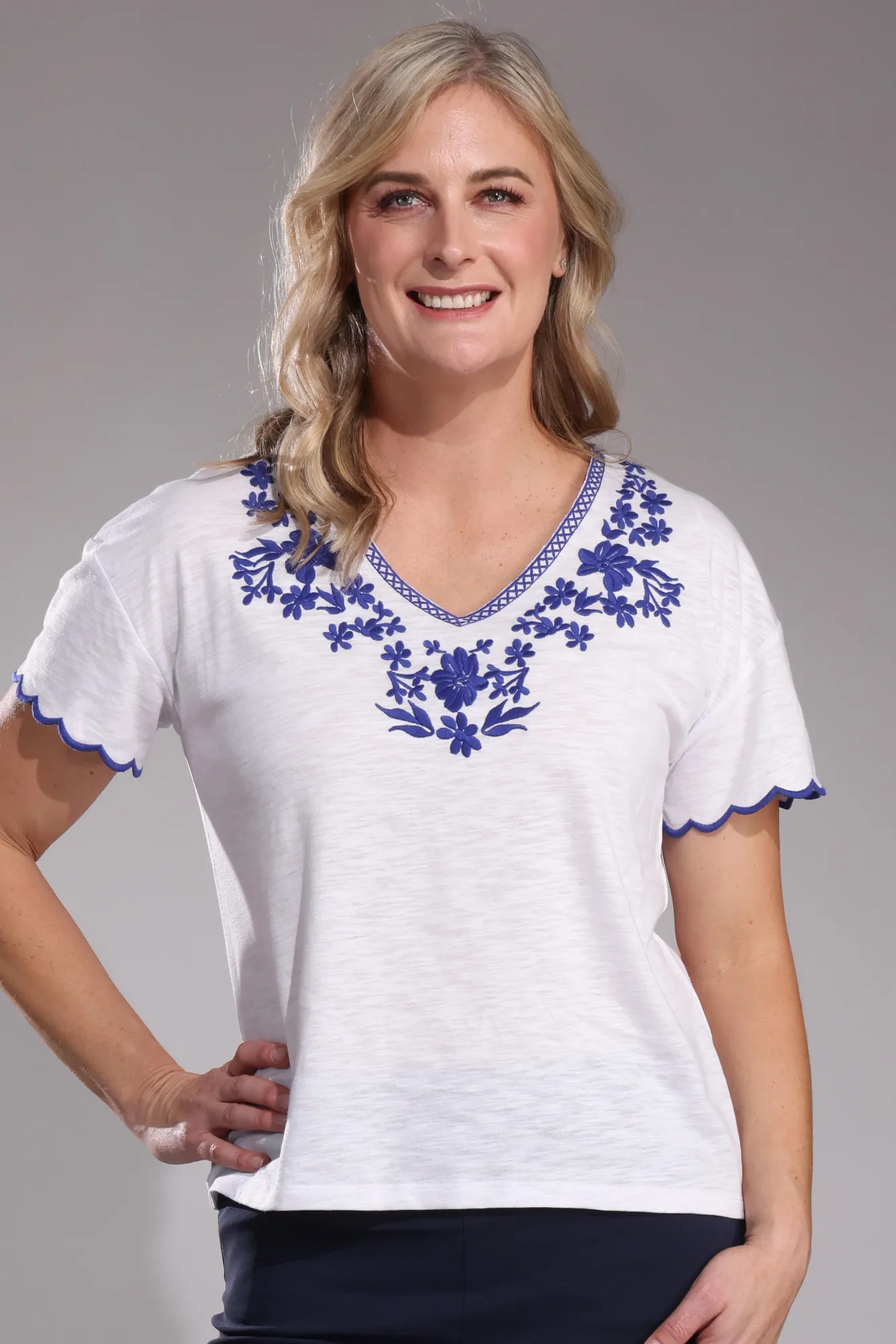 HypoallergenicTextile Star Soul Embroidered Cotton Rich Top | Ivory/Royal | 4683A1
