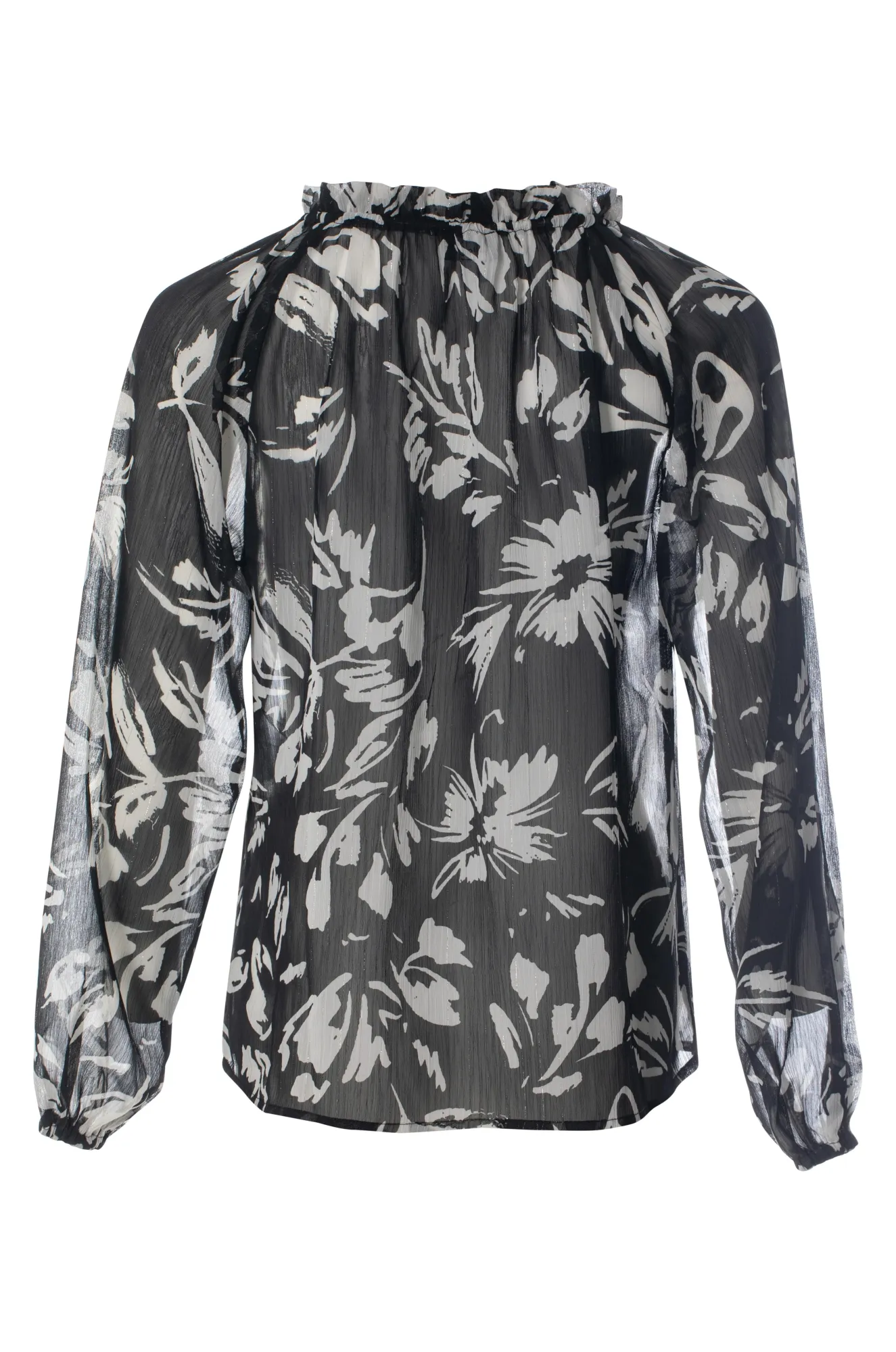 Relax Vibe Spirit Glow Unlined Printed Chiffon Top | Blk Ivory Flower Lurex | 8551BR