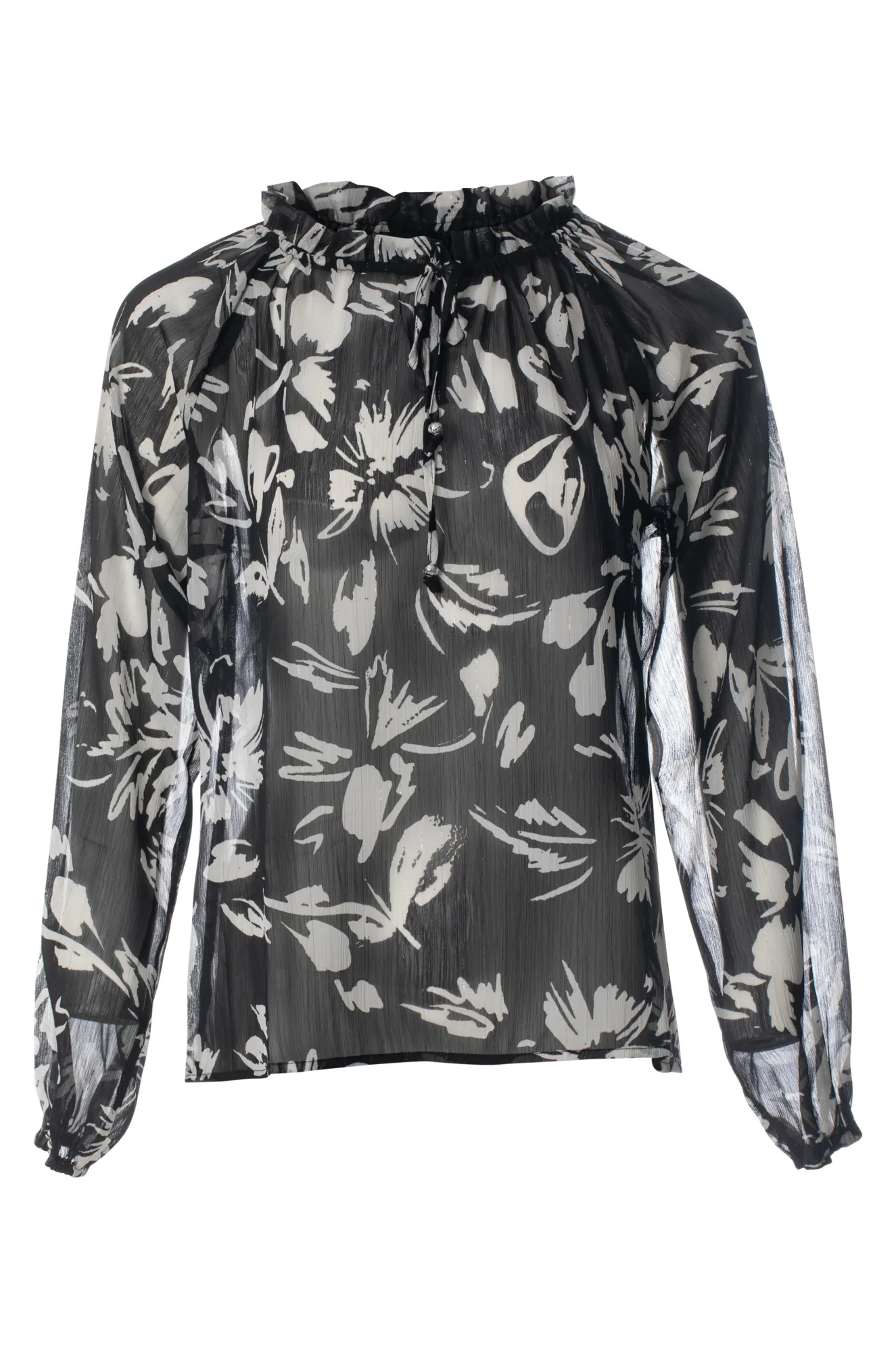 Unlined Printed Chiffon Top | Blk Ivory Flower Lurex | 8551BR PressureRelief Seams SustainableBlend