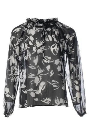Unlined Printed Chiffon Top | Blk Ivory Flower Lurex | 8551BR Functional Fashion